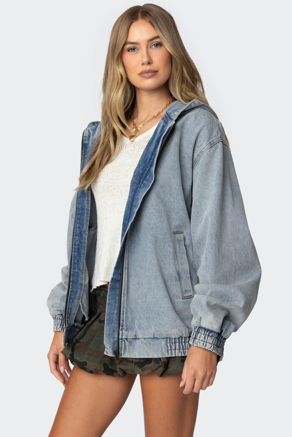 Hooded Vintage Washed Denim Bomber Jacket Product Image