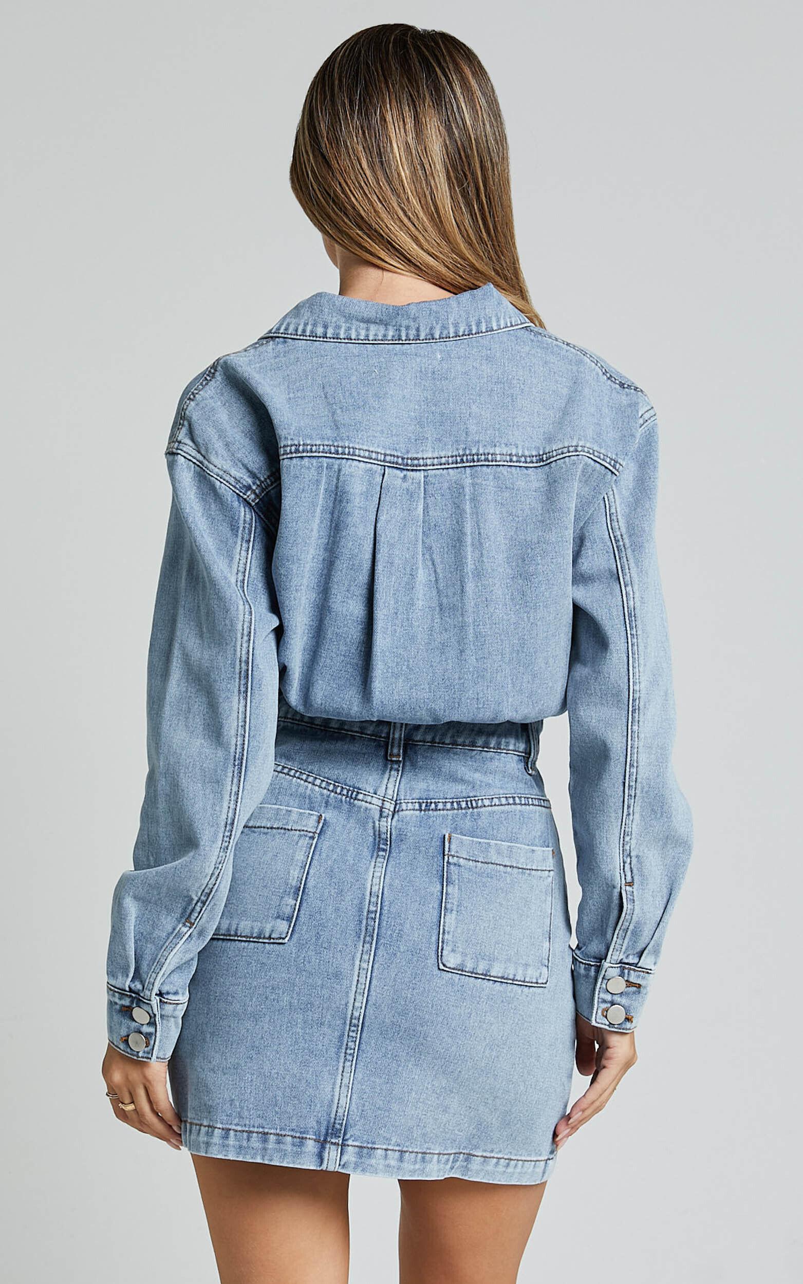 Kamala Mini Dress - Long Sleeve Button Through Denim Dress in Light Blue Wash Product Image