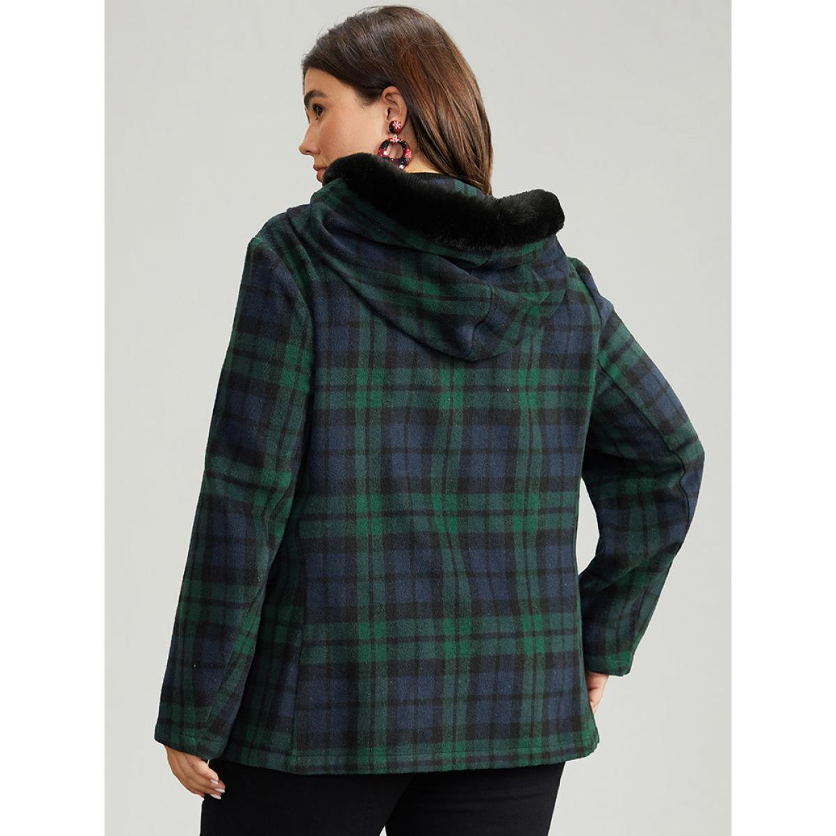 Plus Size Plaid Button Fly Hooded Fuzzy Trim Coat Women Emerald Casual Contrast Ladies Dailywear Winter Coats BloomChic 12/L Product Image