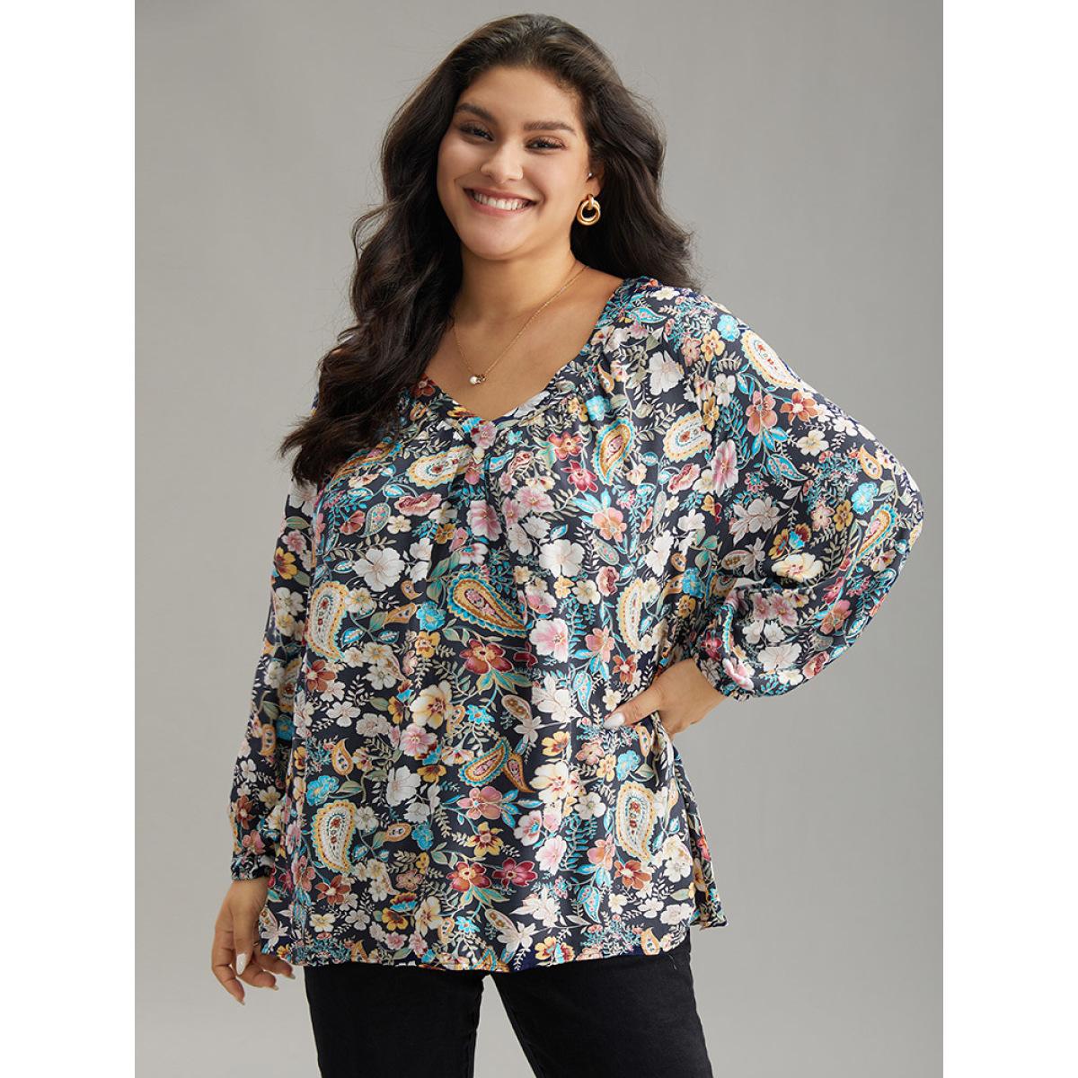 Plus Size Indigo Paisley Lantern Sleeve Gathered Blouse Women Elegant Long Sleeve V-neck Dailywear Blouses BloomChic 28/5X Product Image