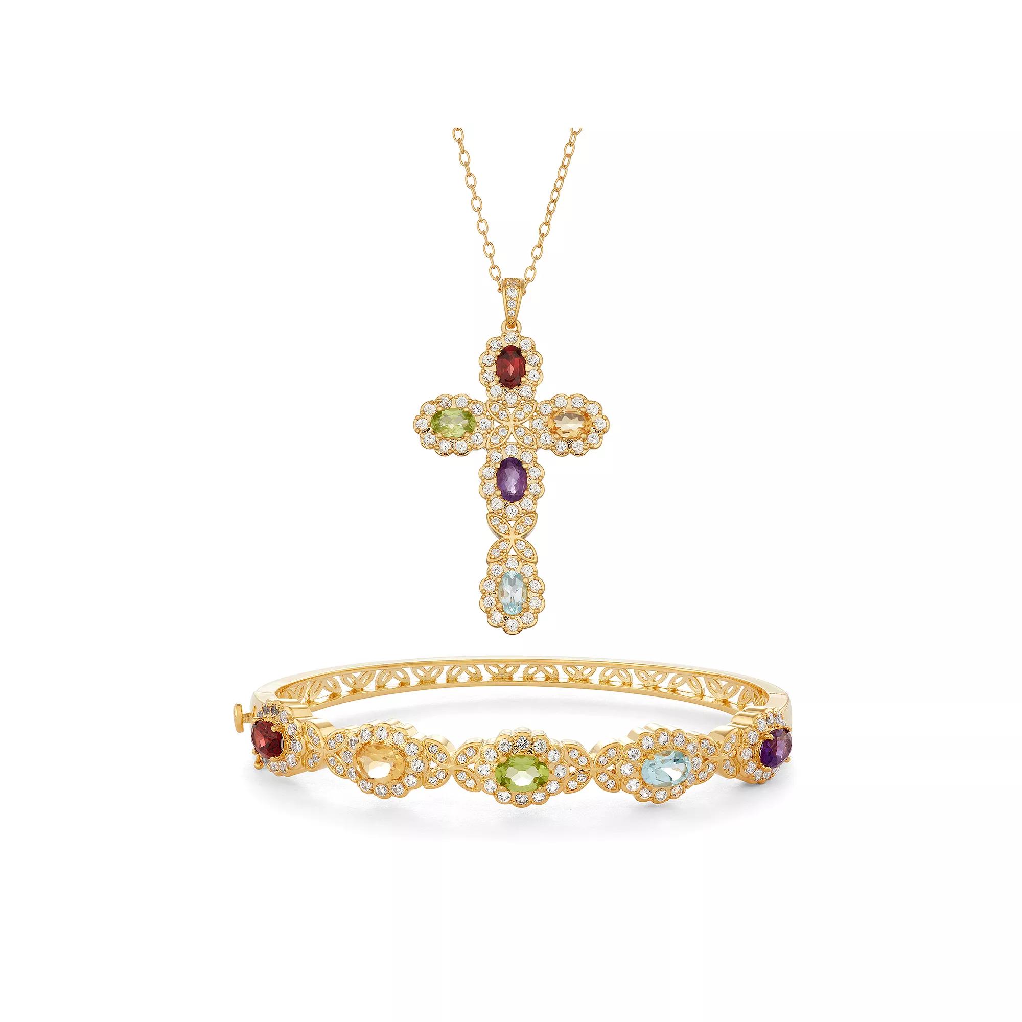 18k Gold Over Bronze Multi Gemstone Heart Pendant Necklace and Bangle Bracelet Set, Women's, Gold Tone Product Image
