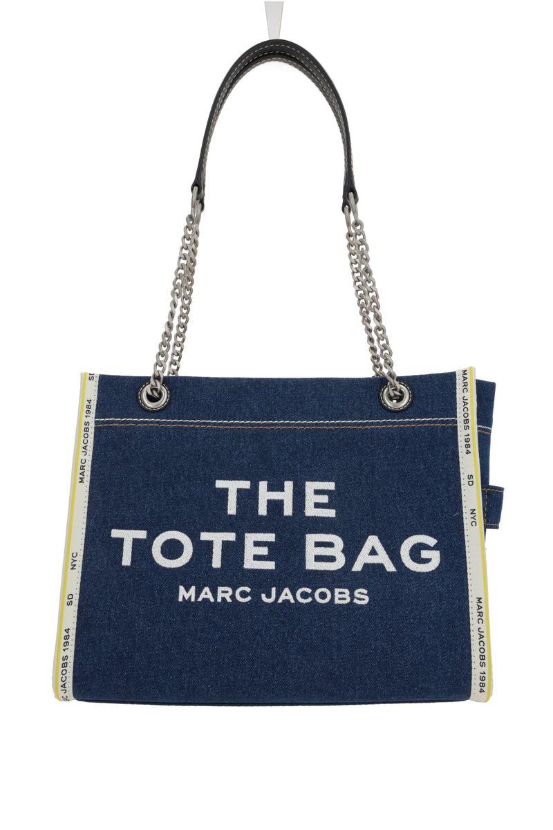 MARC JACOBS The Medium Tote In Blue Denim With Embroidered Logo In Dark Wash Product Image
