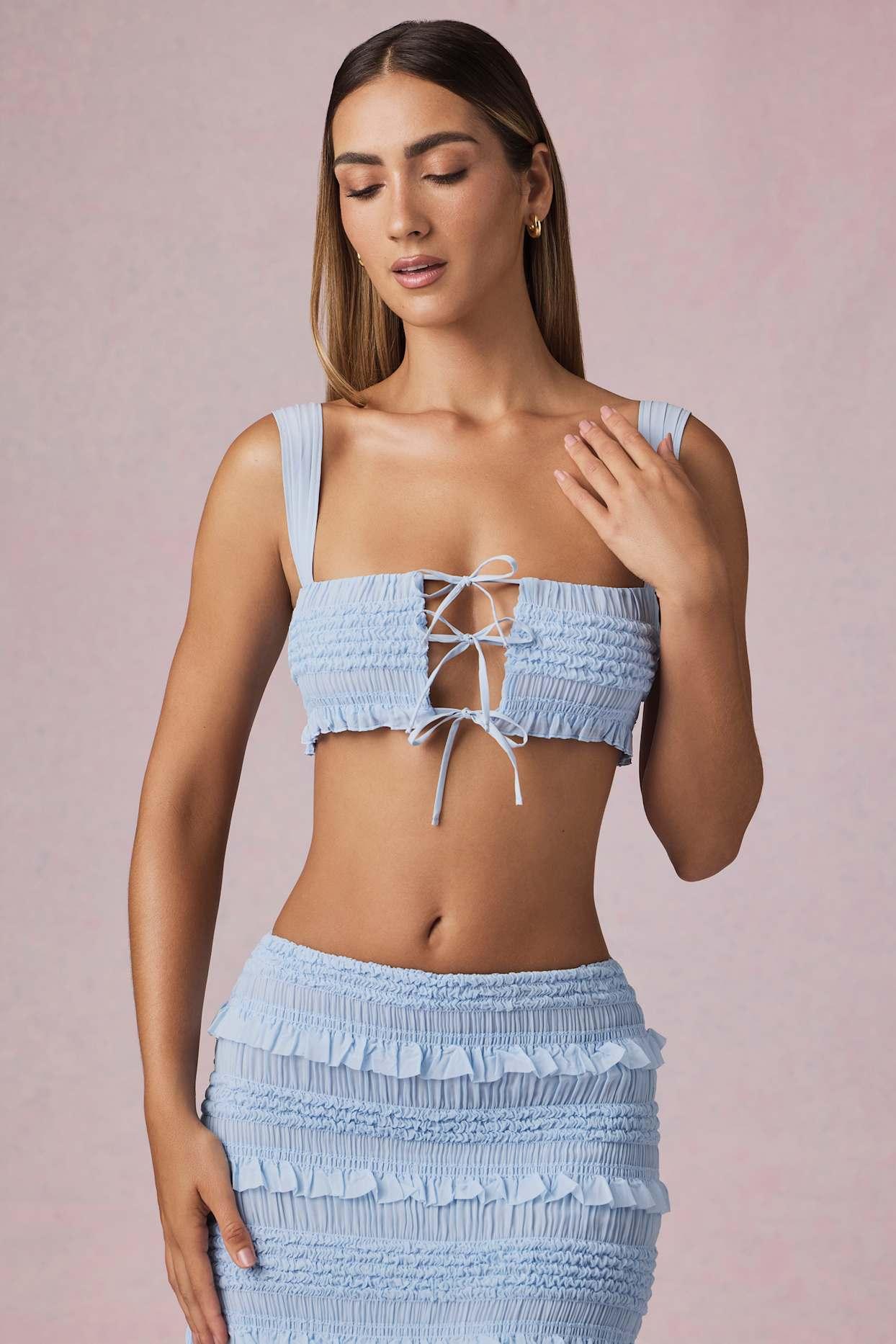 Ruffle Tie-Front Crop Top in Powder Blue Product Image