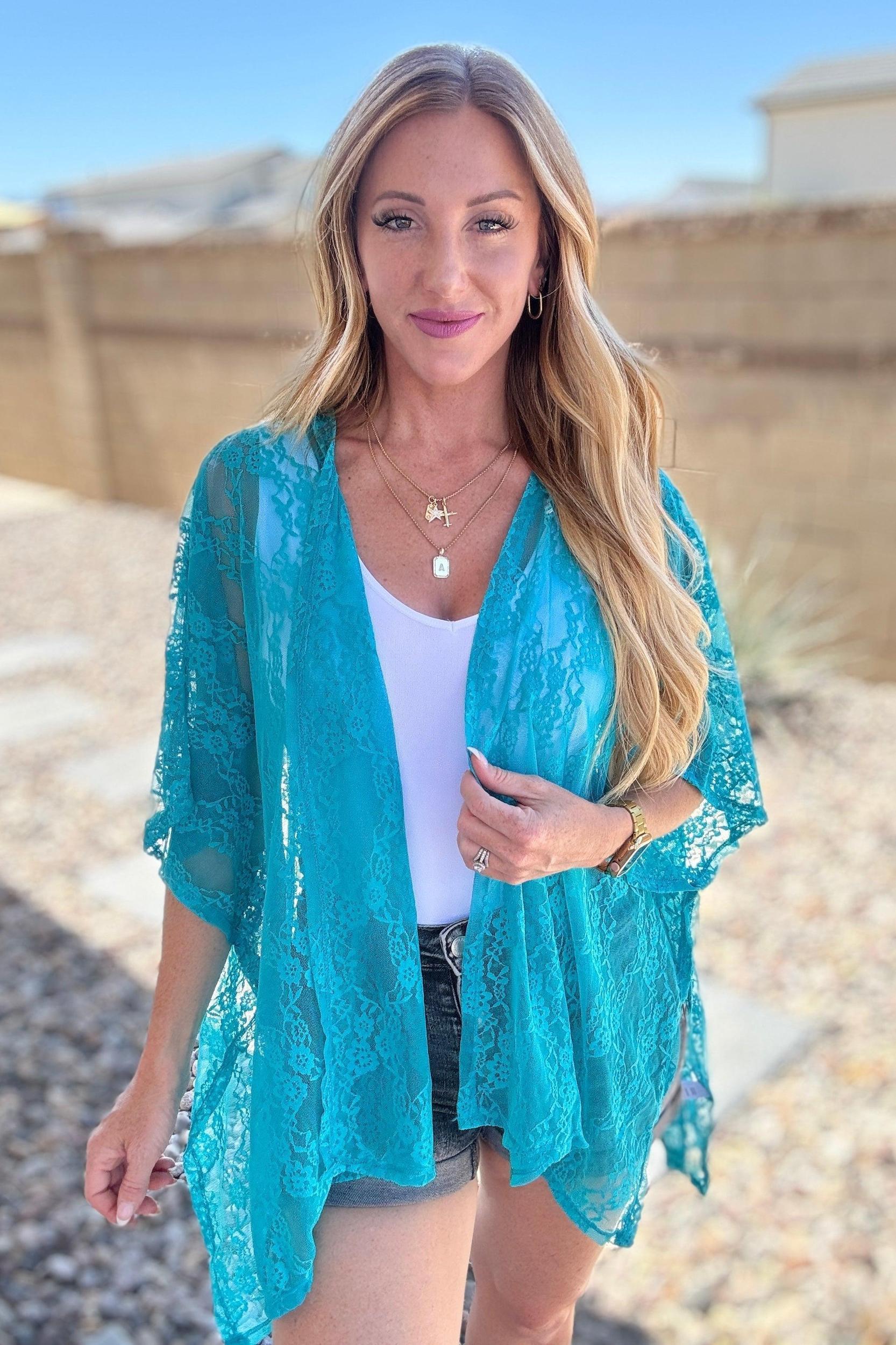 Good Days Ahead Lace Kimono In Teal Product Image