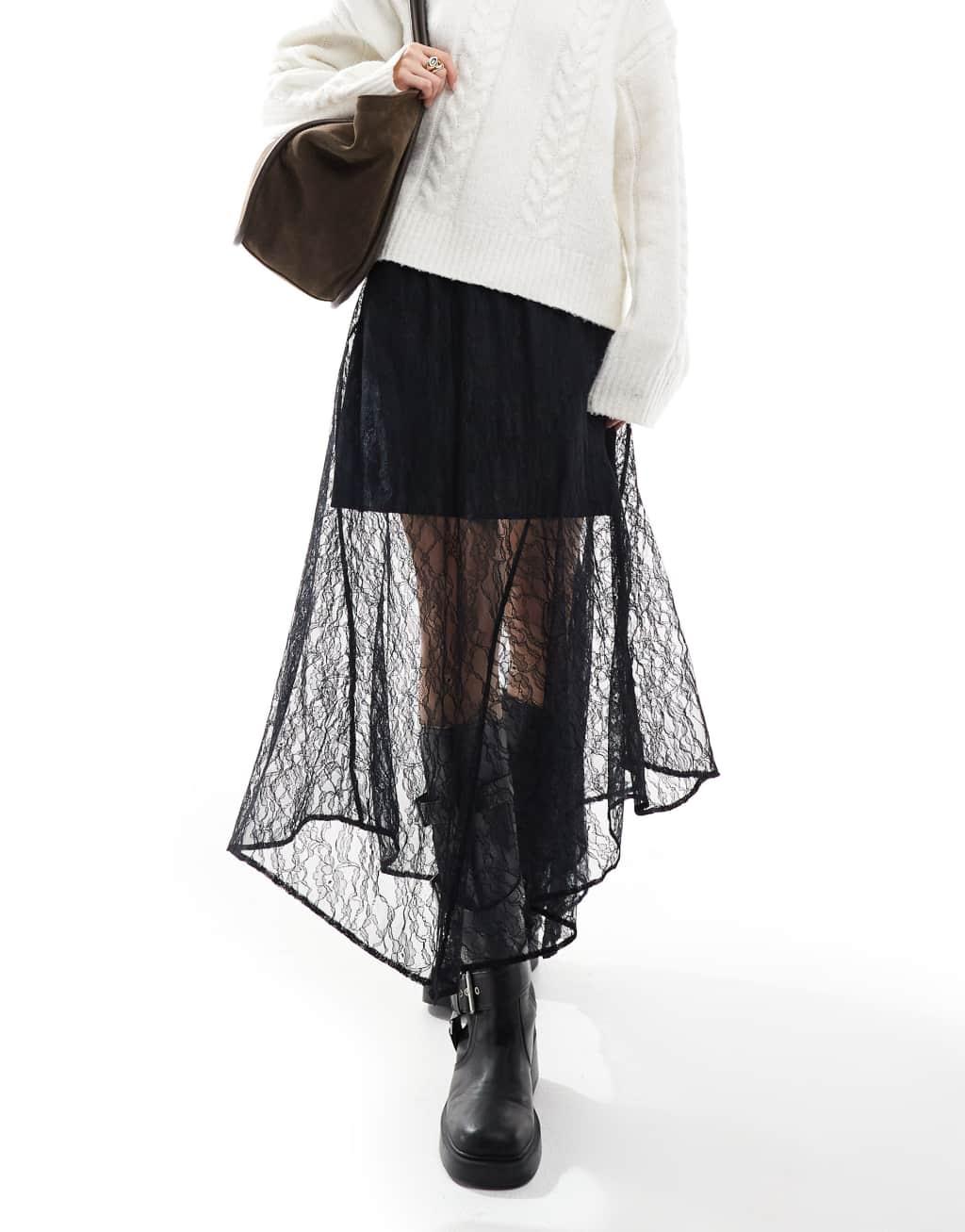 ASOS DESIGN asymmetric lace overlay midi skirt in black Product Image