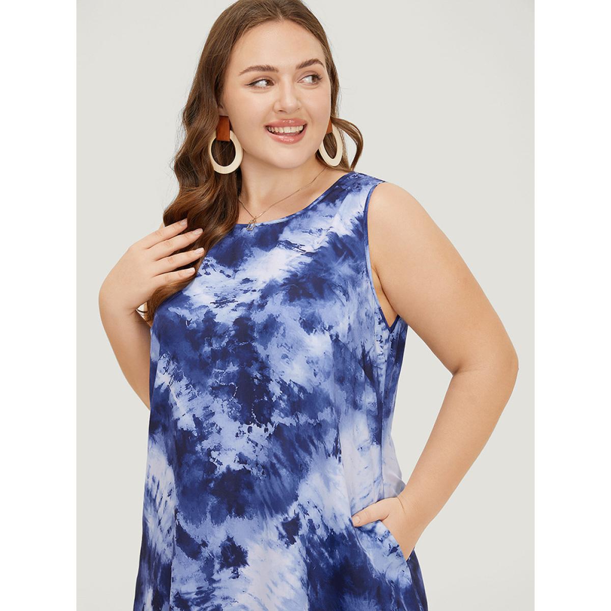 Plus Size Tie Dye Crew Neck Pocket Sleeveless Tank Dress DarkBlue Women Vacation Slit Round Neck Sleeveless Curvy Midi Dress BloomChic 14-16/1X Product Image