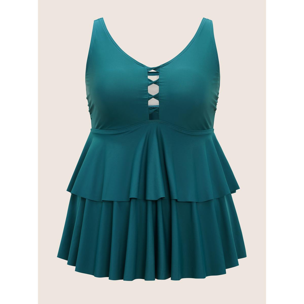 Plus Size Solid Keyhole Tiered Ruffle Hem Swim Top Women's Swimwear Cyan Beach Non High stretch Bodycon V-neck Curve Swim Tops BloomChic 30/6X Product Image