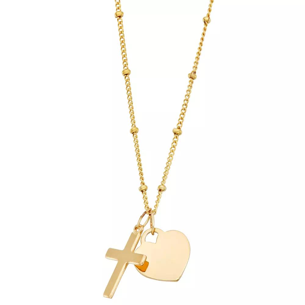 Charming Girl Kids' 14k Gold Heart & Cross Pendant Necklace, Women's, Size: 15", Gold Tone Product Image