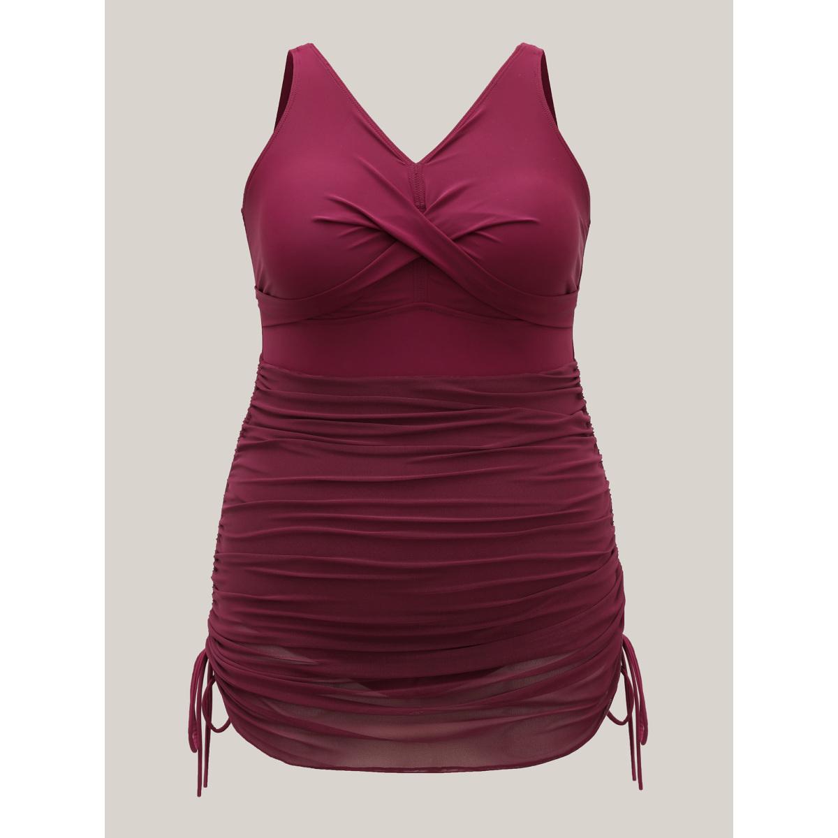 Plus Size Ruched Mesh Adjustable Drawstring Swim Dress Women's Swimwear Burgundy Resort Skinny U-neck High stretch Curve Swim Dresses BloomChic 22-24/3X Product Image