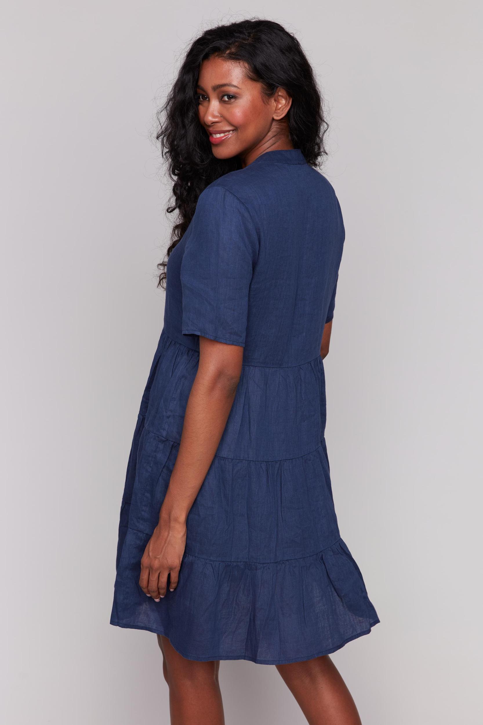 Short Sleeve Three Tiered Linen Dress Product Image