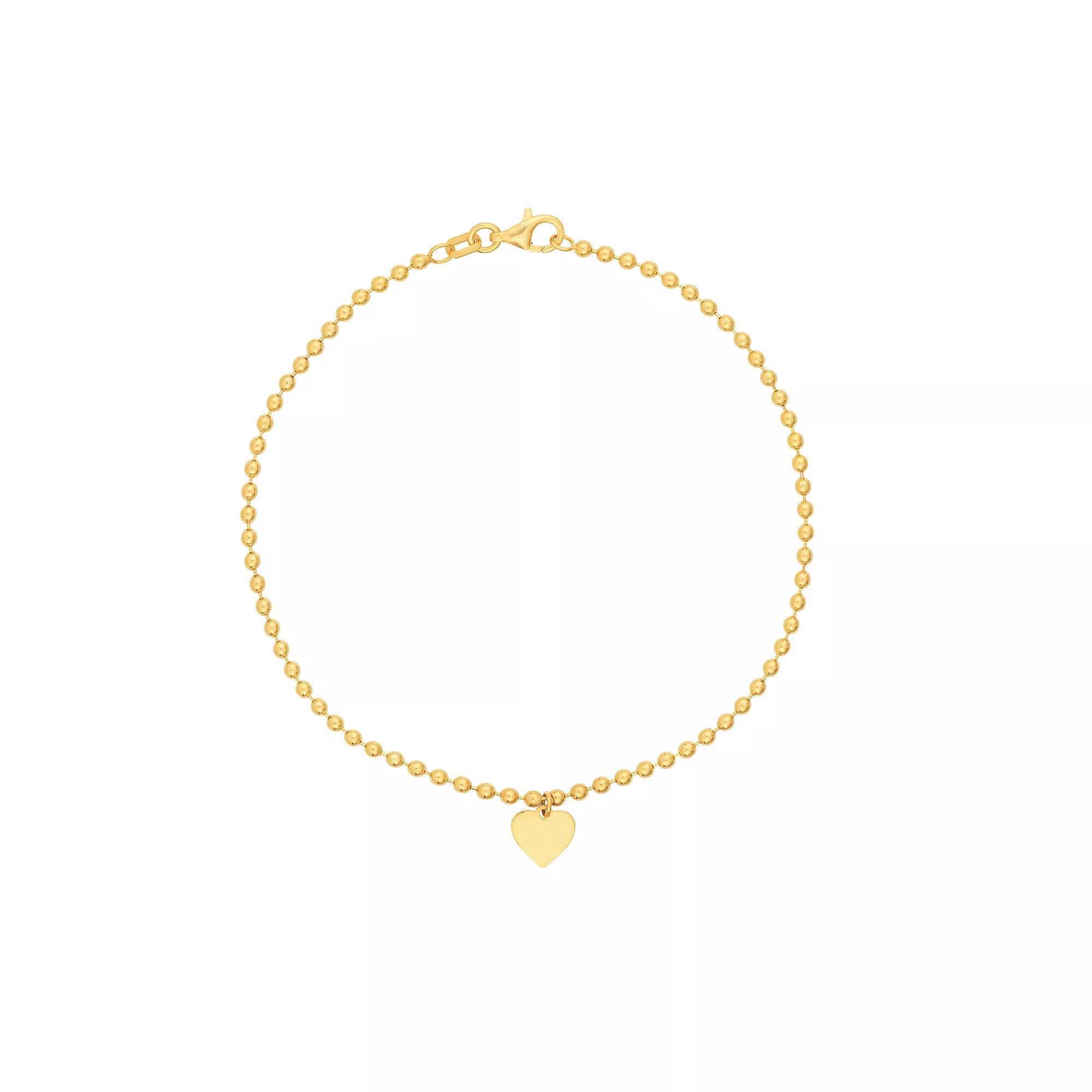 14k Gold 2 mm Heart Charm Beaded Chain Bracelet, Women's, Size: 7.5" Product Image