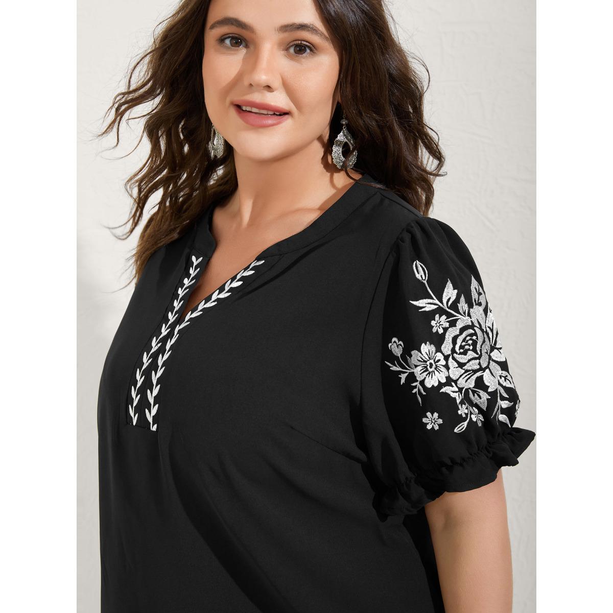 Plus Size Black Notched Collar Embroidered Ruffled Blouse Women Boho Half Sleeve Flat collar with V-notch Vacation Blouses BloomChic 26/4X Product Image