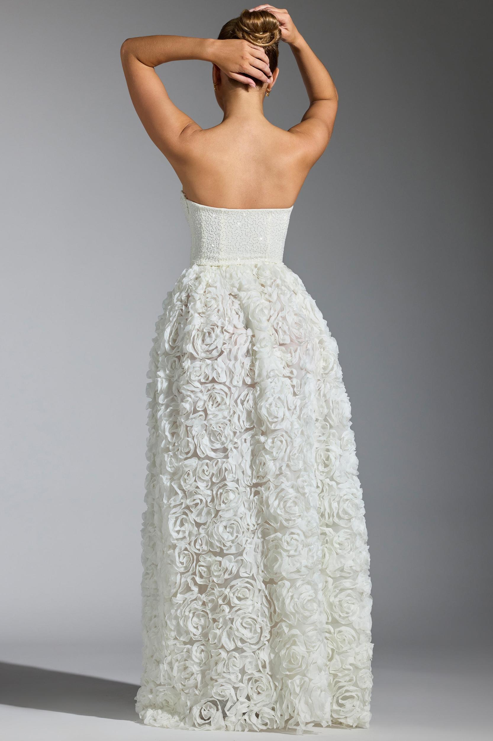 Embellished Floral-Appliqué Corset Gown in White Product Image