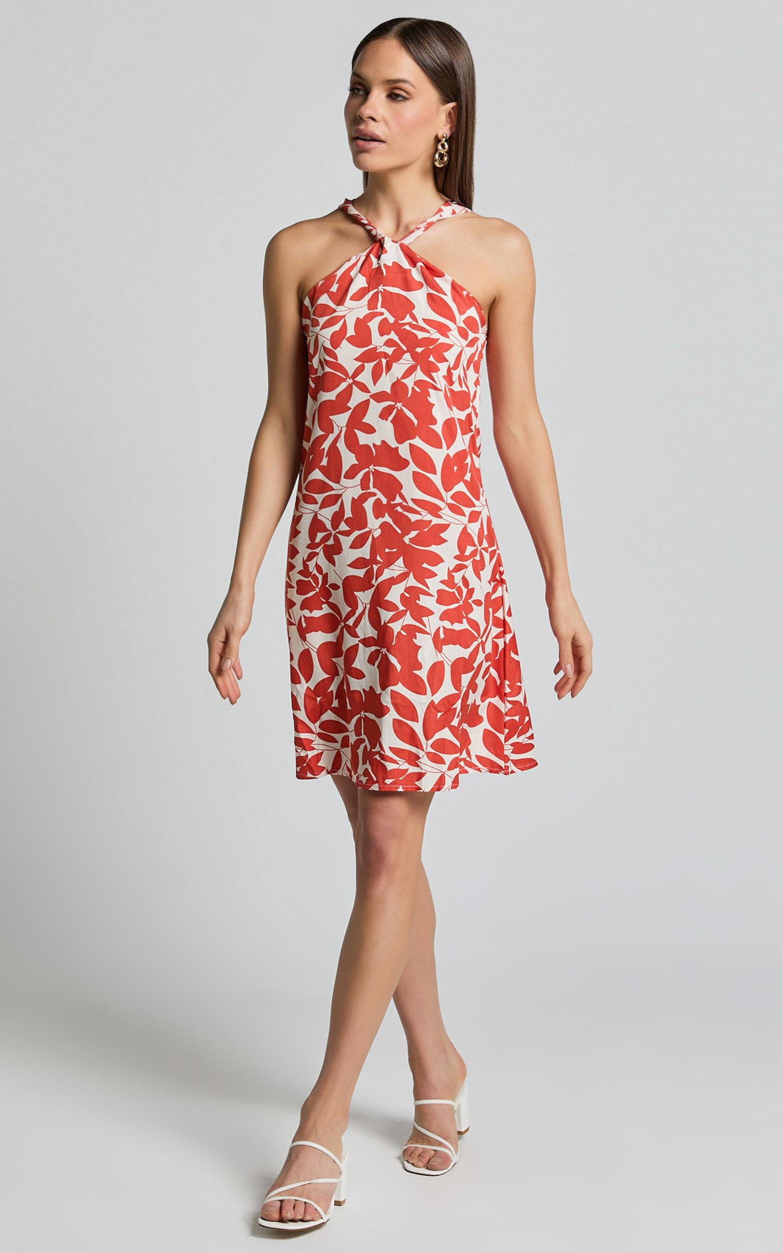 Vicki Mini Dress - Halter Neck A Line Dress in Red Leaf Print Product Image