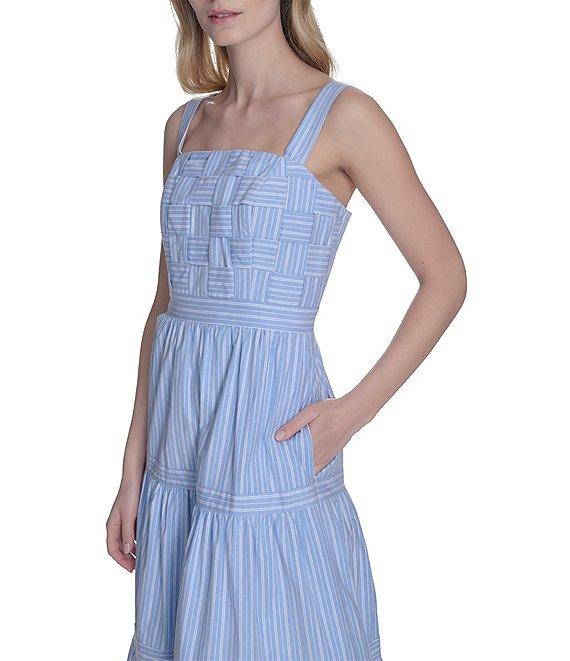 Eliza J Basketweave Cotton Stripe Print Square Neck Sleeveless A-Line Midi Dress Product Image