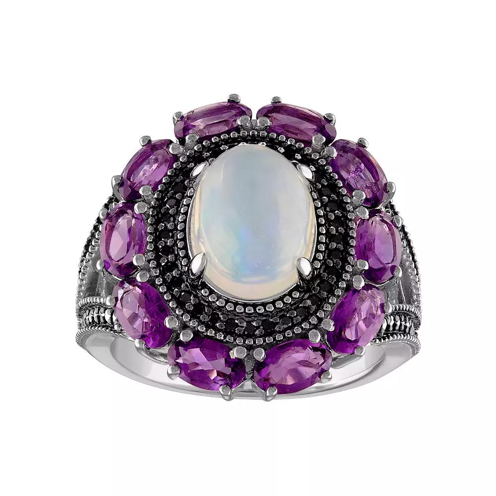 Tiara Sterling Silver White Opal Amethyst & Black Spinel Ring, Women's,  Product Image