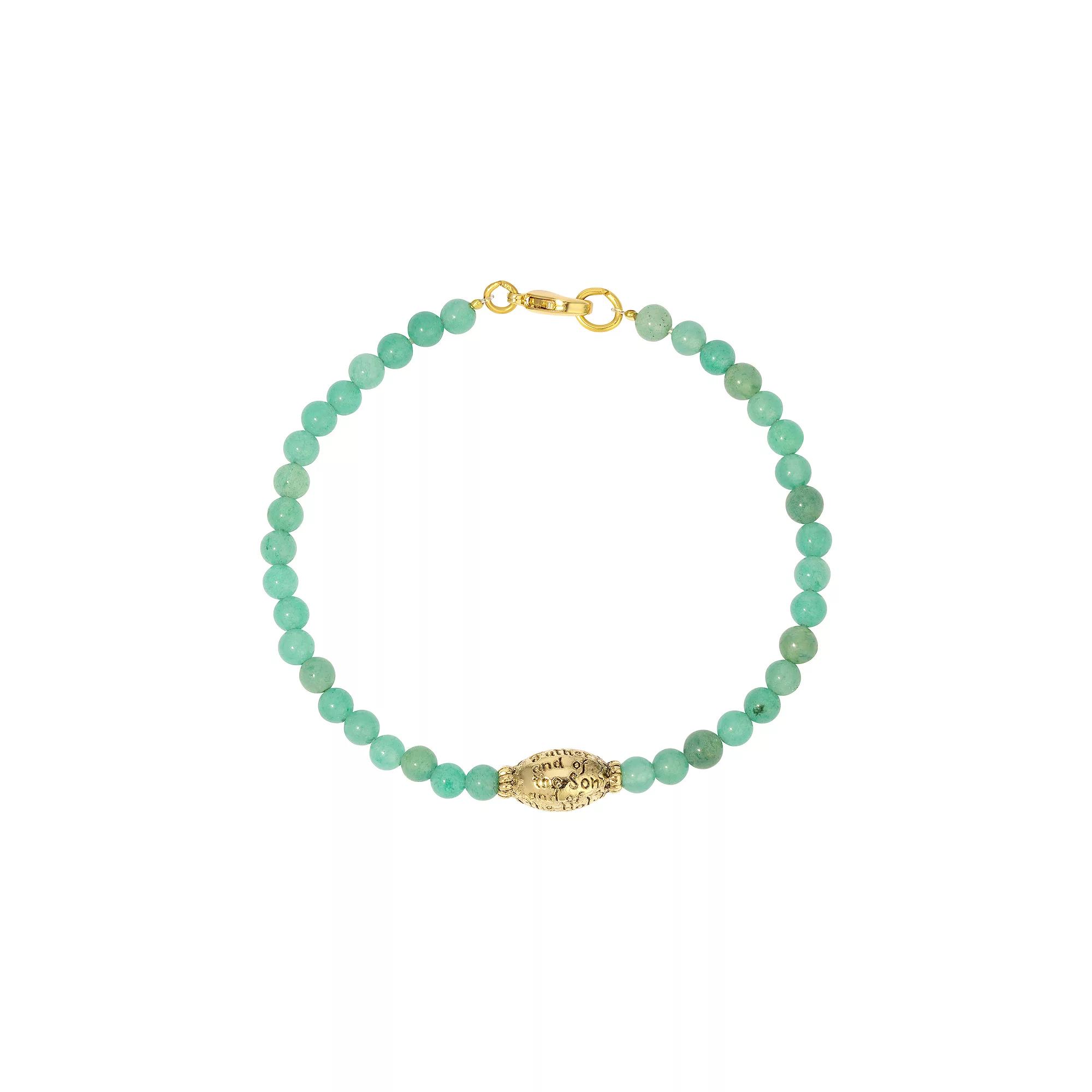 1928 Gold Tone Semi Precious Prayer Bead Bracelet, Women's, Green Product Image