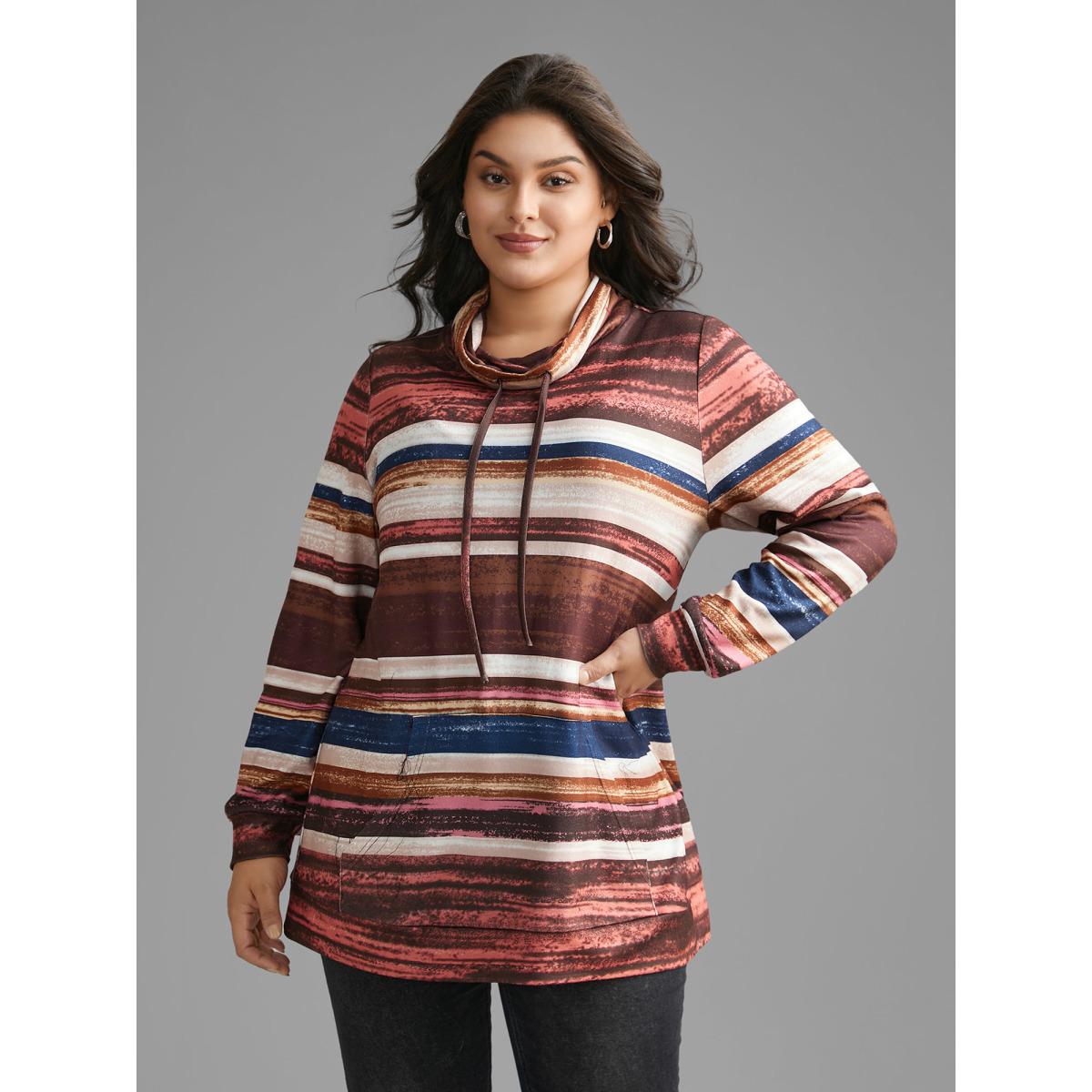 Plus Size Striped Patched Pocket Drawstring Sweatshirt Women Multicolor Casual Drawstring Loose Ruffled collar Everyday Sweatshirts BloomChic 10/M Product Image