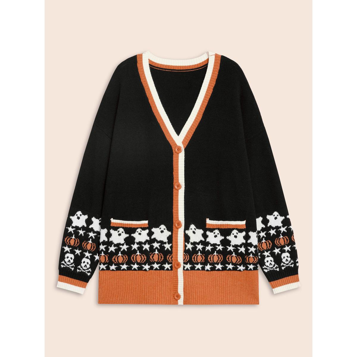 Plus Size Supersoft Essentials Happy Hauntings Contrast Placket Cardigan Black Women Casual Loose Long Sleeve Everyday Cardigans BloomChic 14-16/1X Product Image