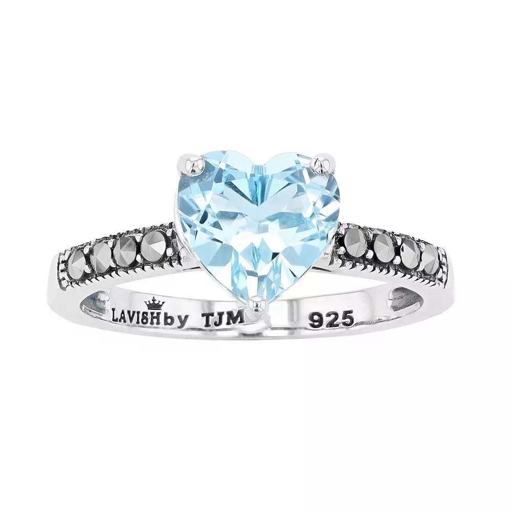 Lavish by TJM Sterling Silver Sky Blue Topaz & Marcasite Heart Ring, Women's, Size: 9 Product Image