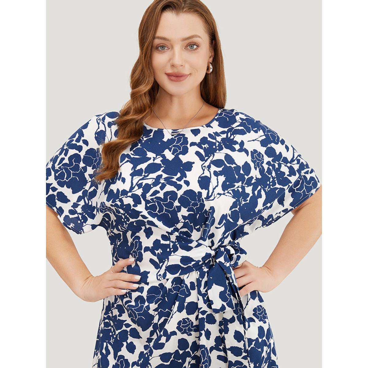 Plus Size Floral Print Batwing Sleeve Pocket Knot Side Dress Blue Women Elegant Knotted Round Neck Half Sleeve Curvy Short Dress BloomChic 14-16/1X Product Image