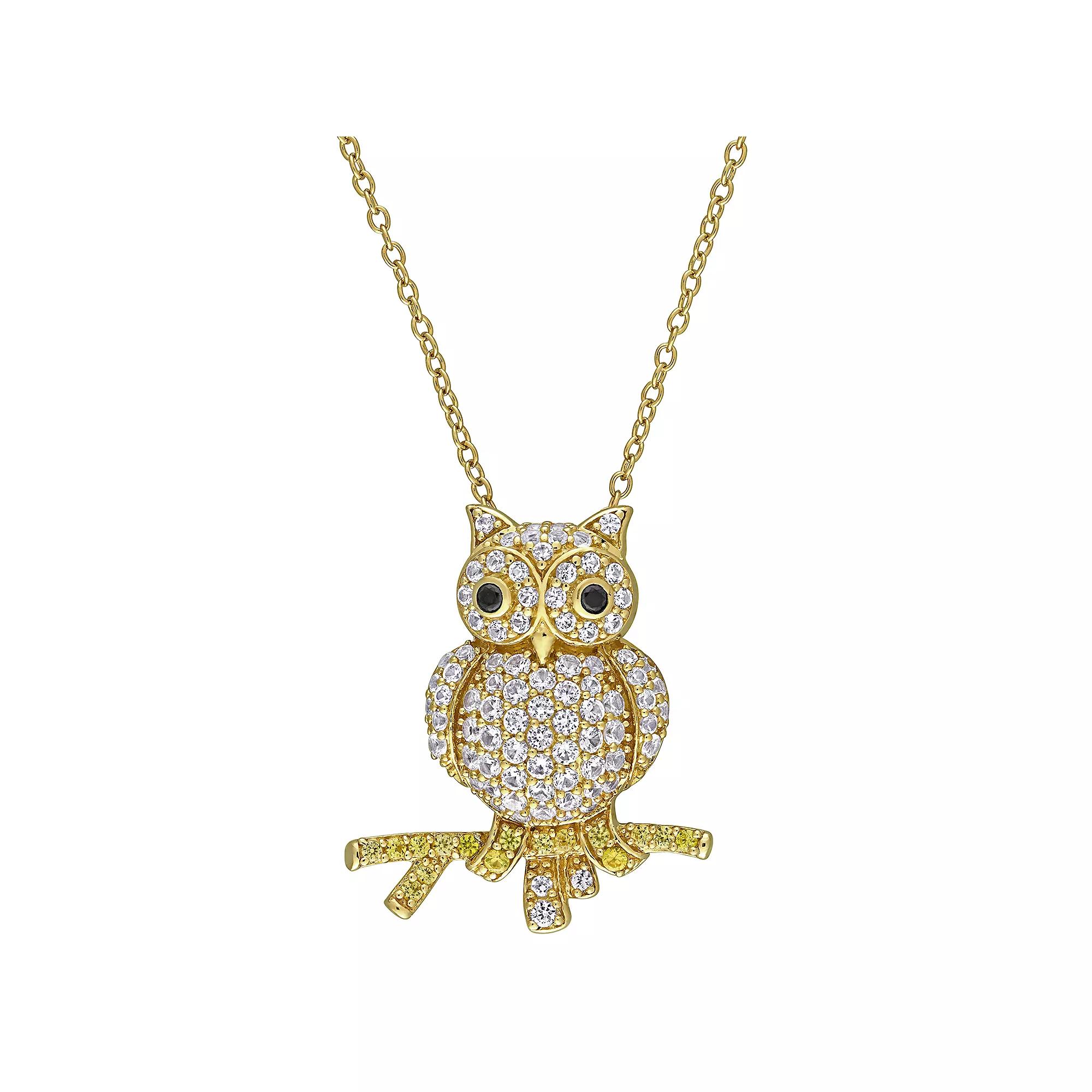 Stella Grace Lab-Created White & Yellow Sapphire Owl Pendant, Womens Gold Tone Product Image