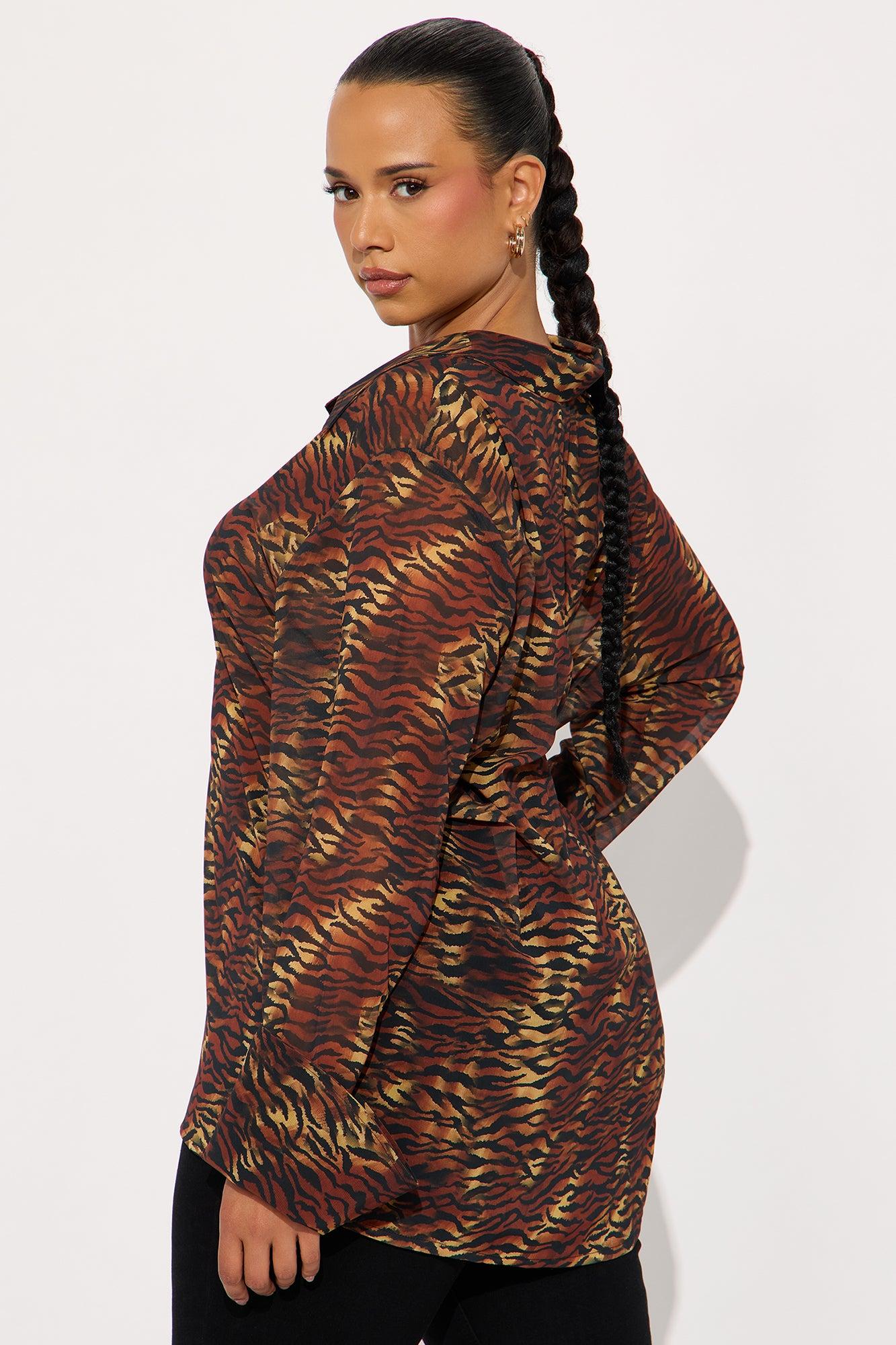 Urban Safari Animal Print Chiffon Button Up Shirt - Brown/combo Female Product Image