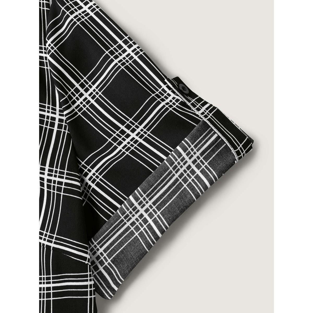 Plus Size Black Plaid Print Tab Sleeve Notched Blouse Women Elbow-length sleeve Flat collar with V-notch Work Blouses BloomChic 26/4X Product Image