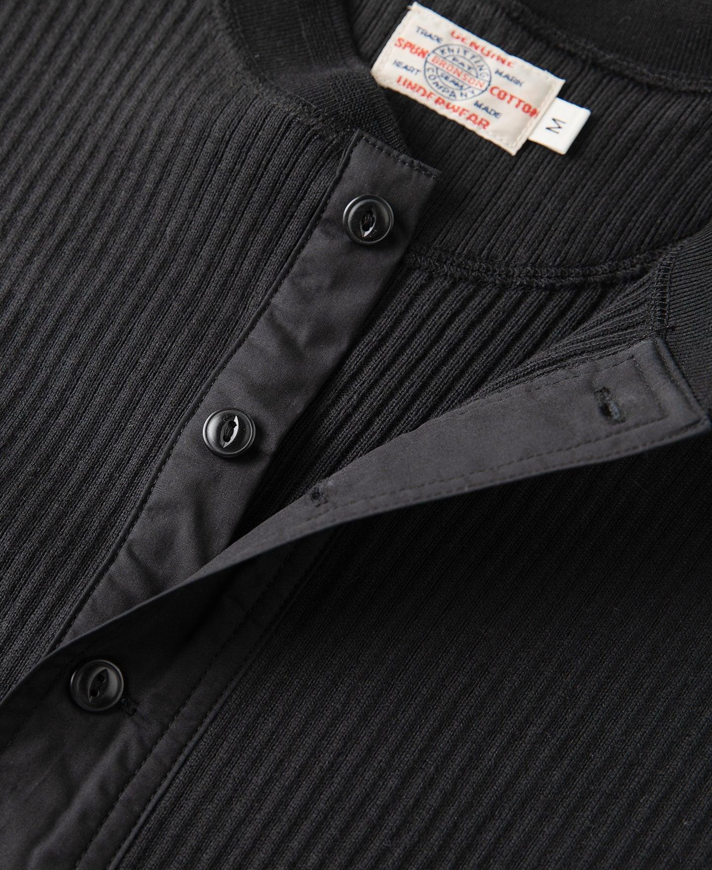 Ribbed Long Sleeve Henley T-Shirt - Black Product Image
