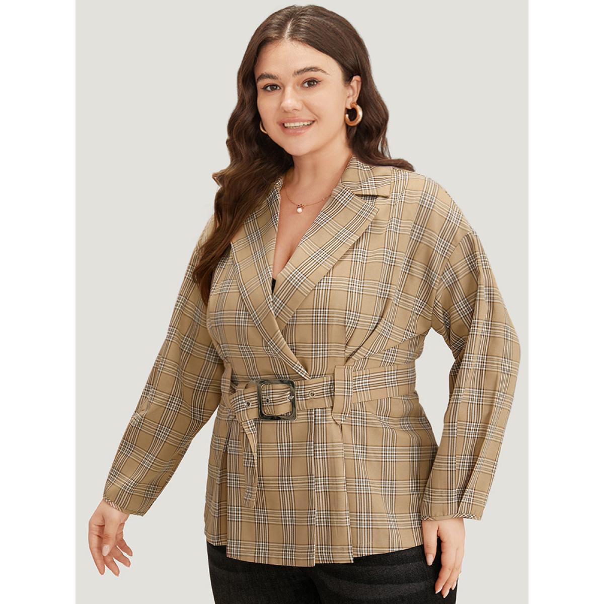 Plus Size Plaid Metal Buckle Detail Pleated Coat Women Tan Casual Belted Ladies Dailywear Winter Coats BloomChic 22-24/3X Product Image