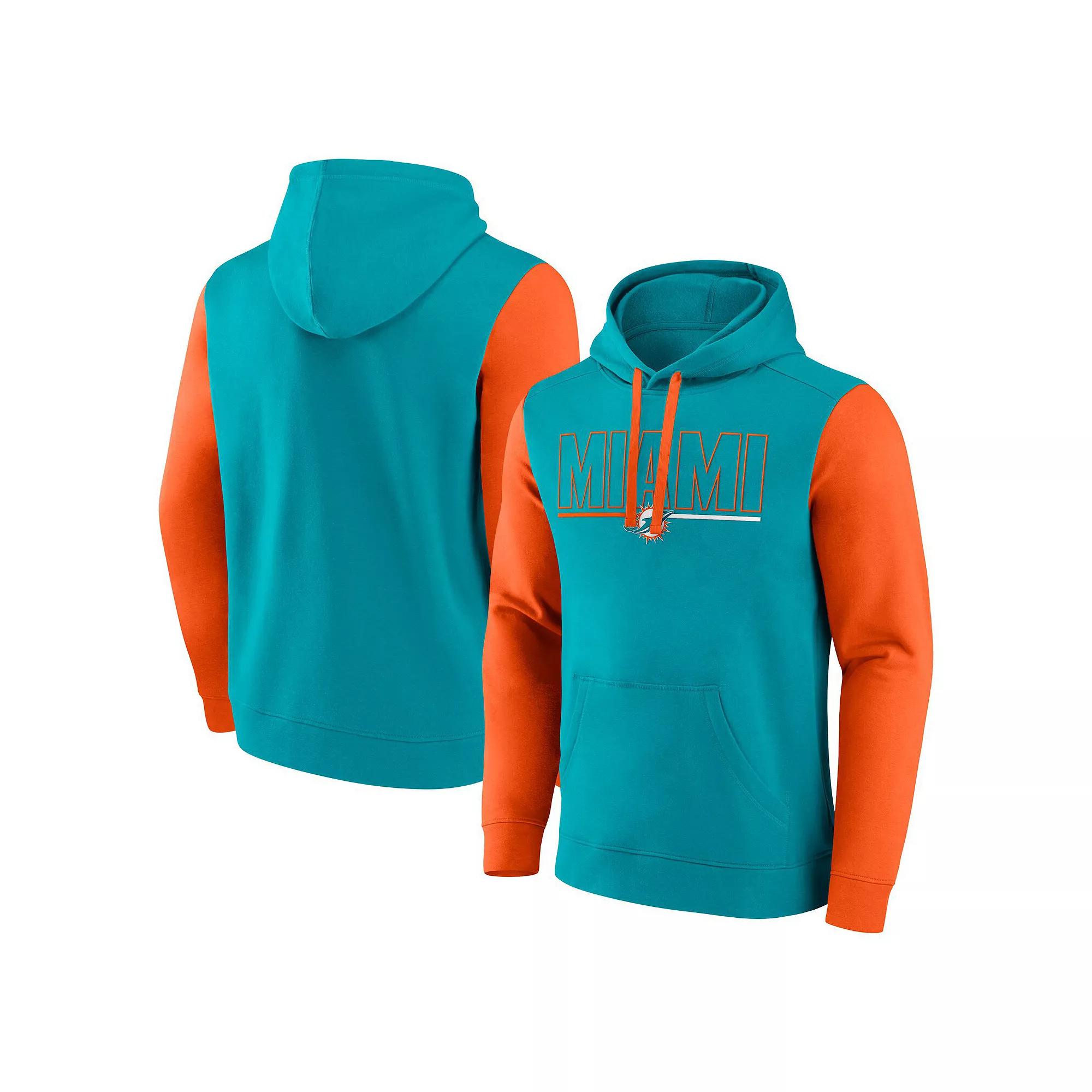 Men's Fanatics Aqua/Orange Miami Dolphins Outline Pullover Hoodie, Size: 5XL, Turquoise A Product Image