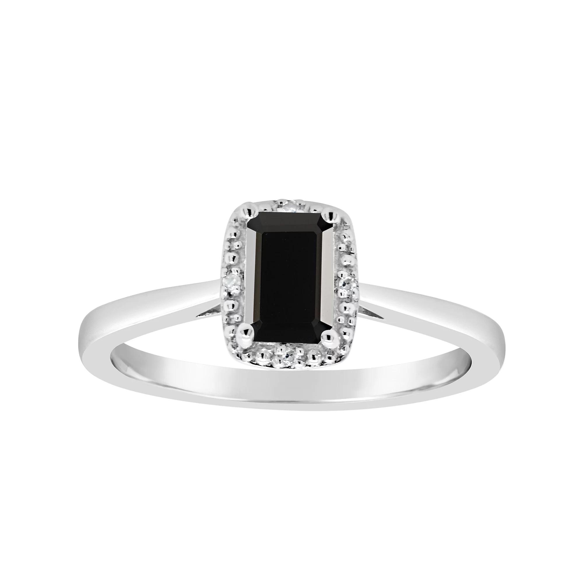 Celebration Gems Sterling Silver 6 mm x 4 mm Emerald Cut Onyx & Diamond Accent Halo Ring, Women's,  Product Image