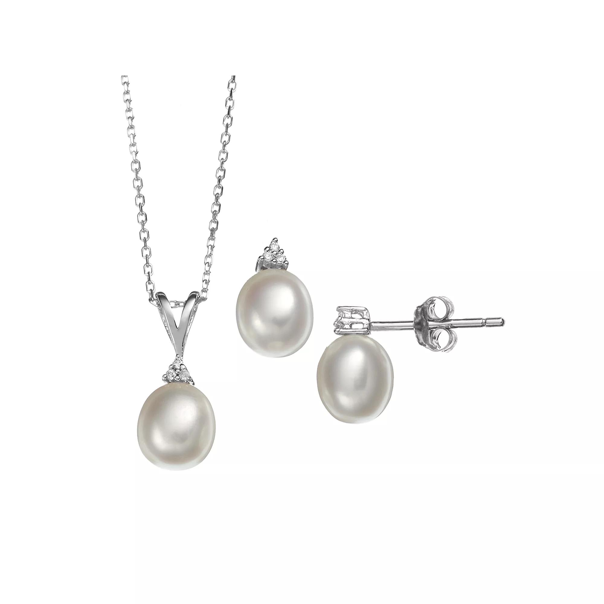 Freshwater Cultured Pearl & Cubic Zirconia Sterling Silver Pendant Necklace & Drop Earring Set, Women's, Size: 18", White Product Image