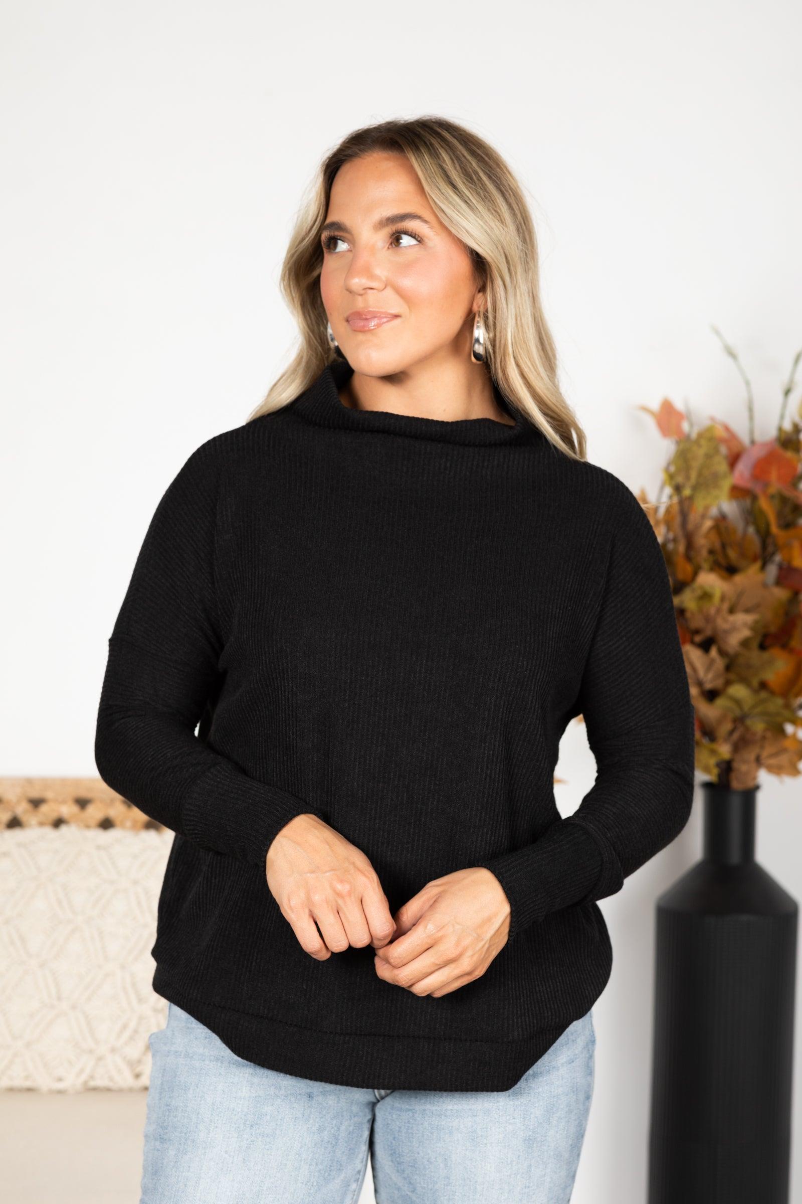 Cowl Neck Ribbed Long Sleeve Knit Top Product Image