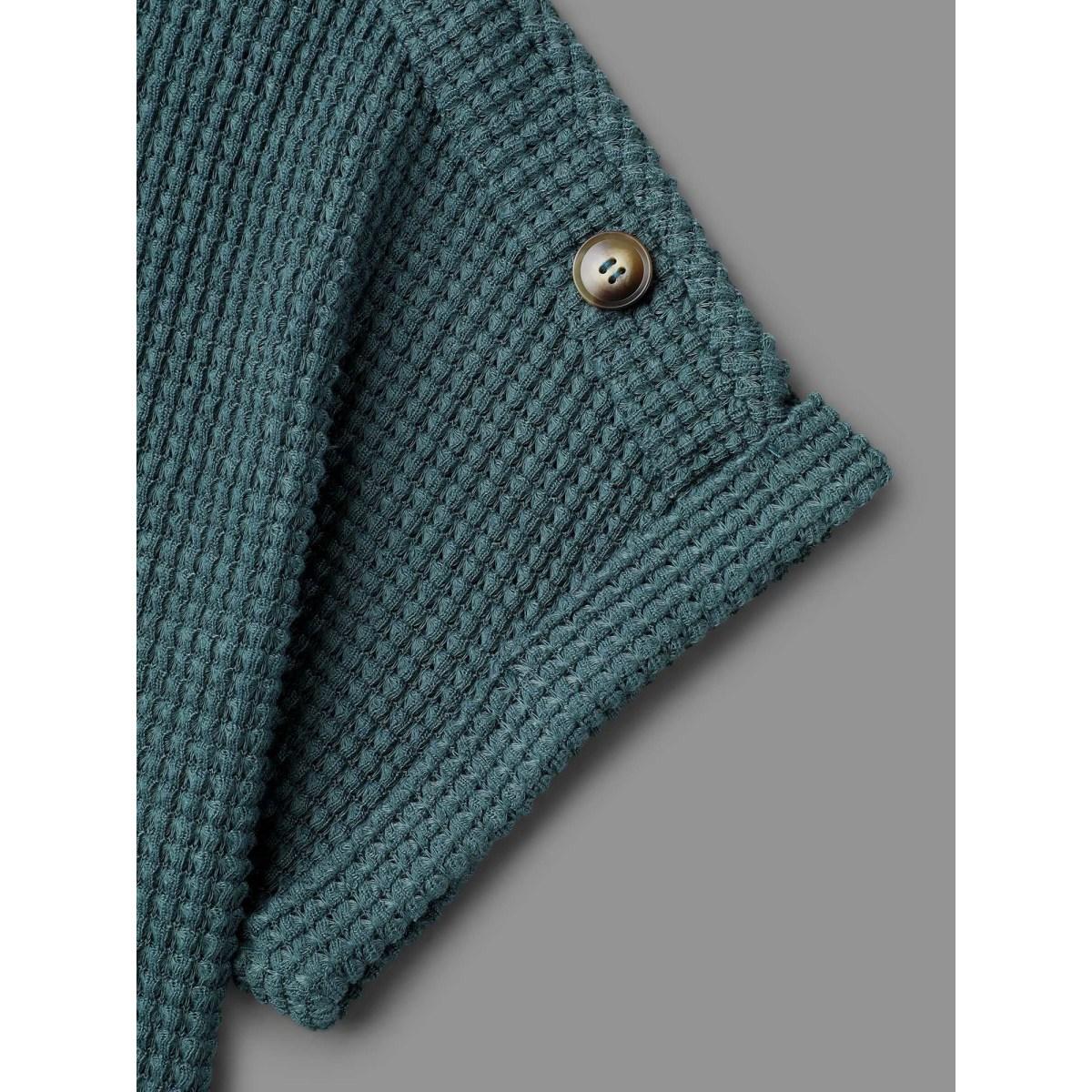 Plus Size Stretchy Buttons Fitted Waffle Knit T-Shirt Teal Women Casual Texture V-neck Everyday T-shirts BloomChic 30/6X Product Image