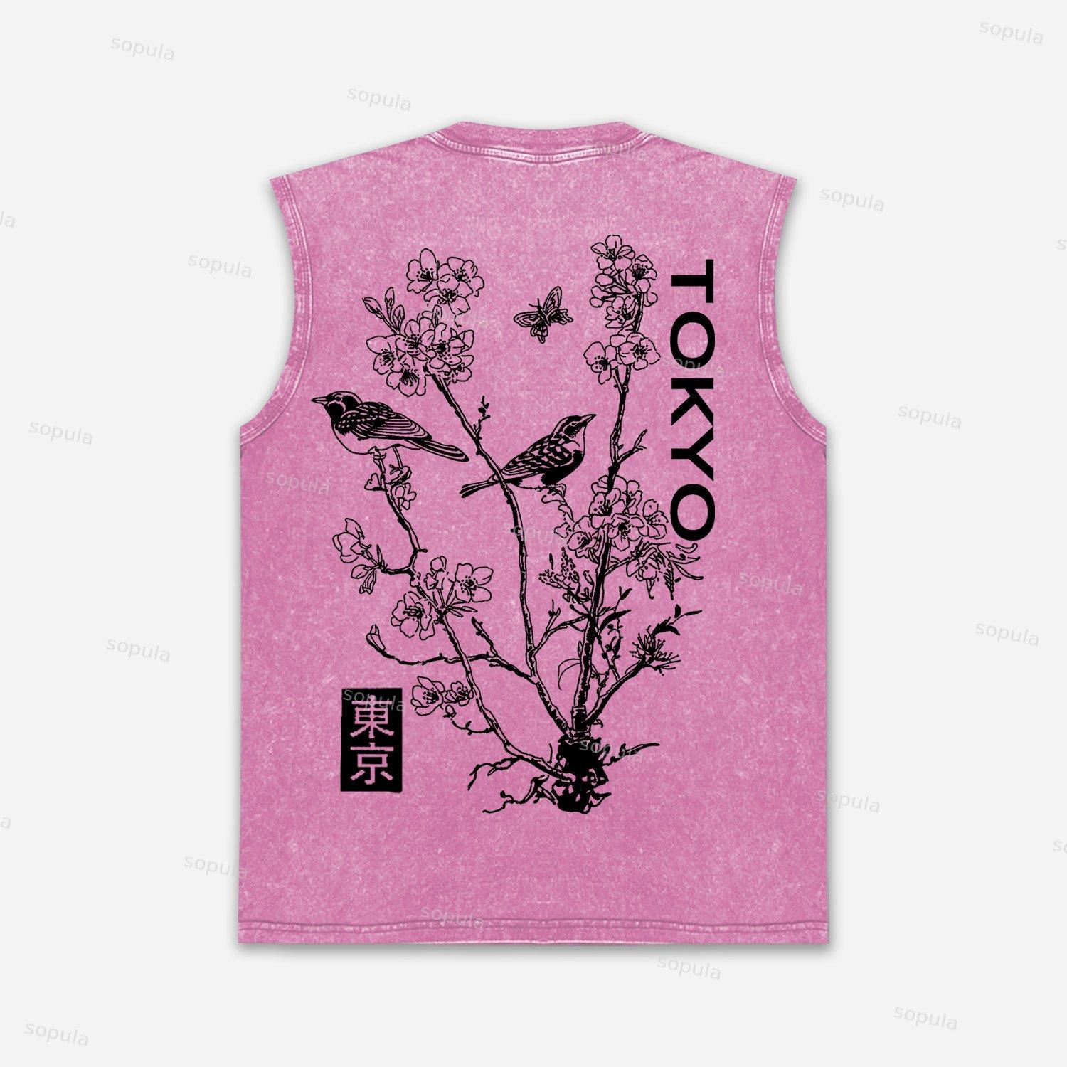 Japan Style Insect Bird Floral Print Acid Washed Tank Top Product Image