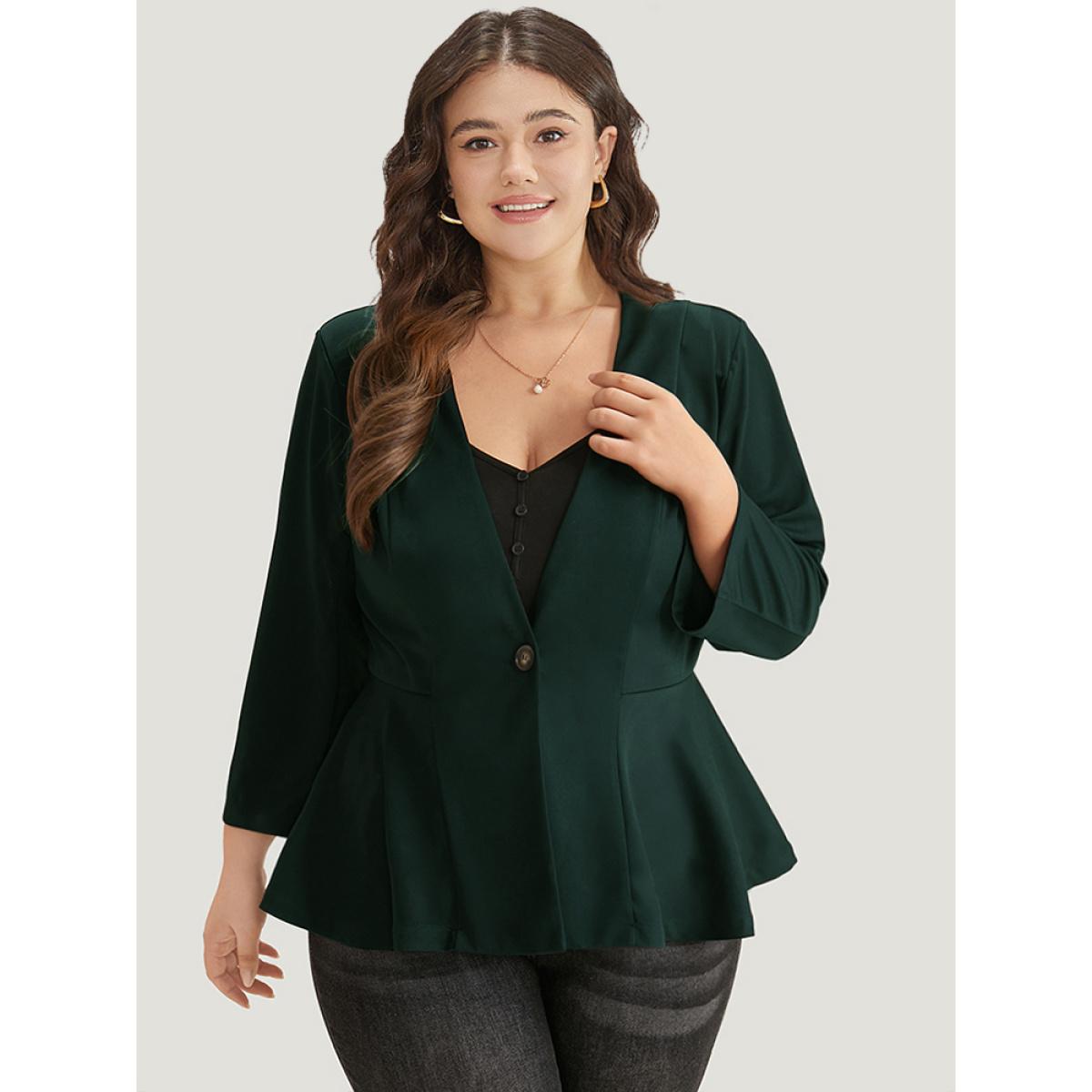 Plus Size Plain Button Up Ruffle Hem Blazer Green Women Dailywear Plain Plain Sleeve Long Sleeve V-neck 26/4X Casual Blazers BloomChic Product Image