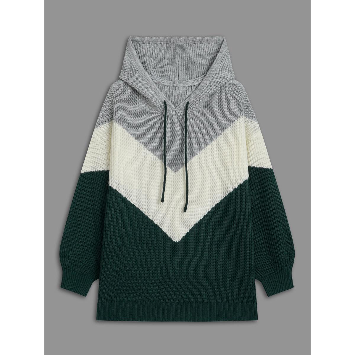 Plus Size Hooded Color Contrast Drop Shoulder Pullover DarkGreen Women Casual Loose Long Sleeve Hooded Everyday Pullovers BloomChic 30/6X Product Image