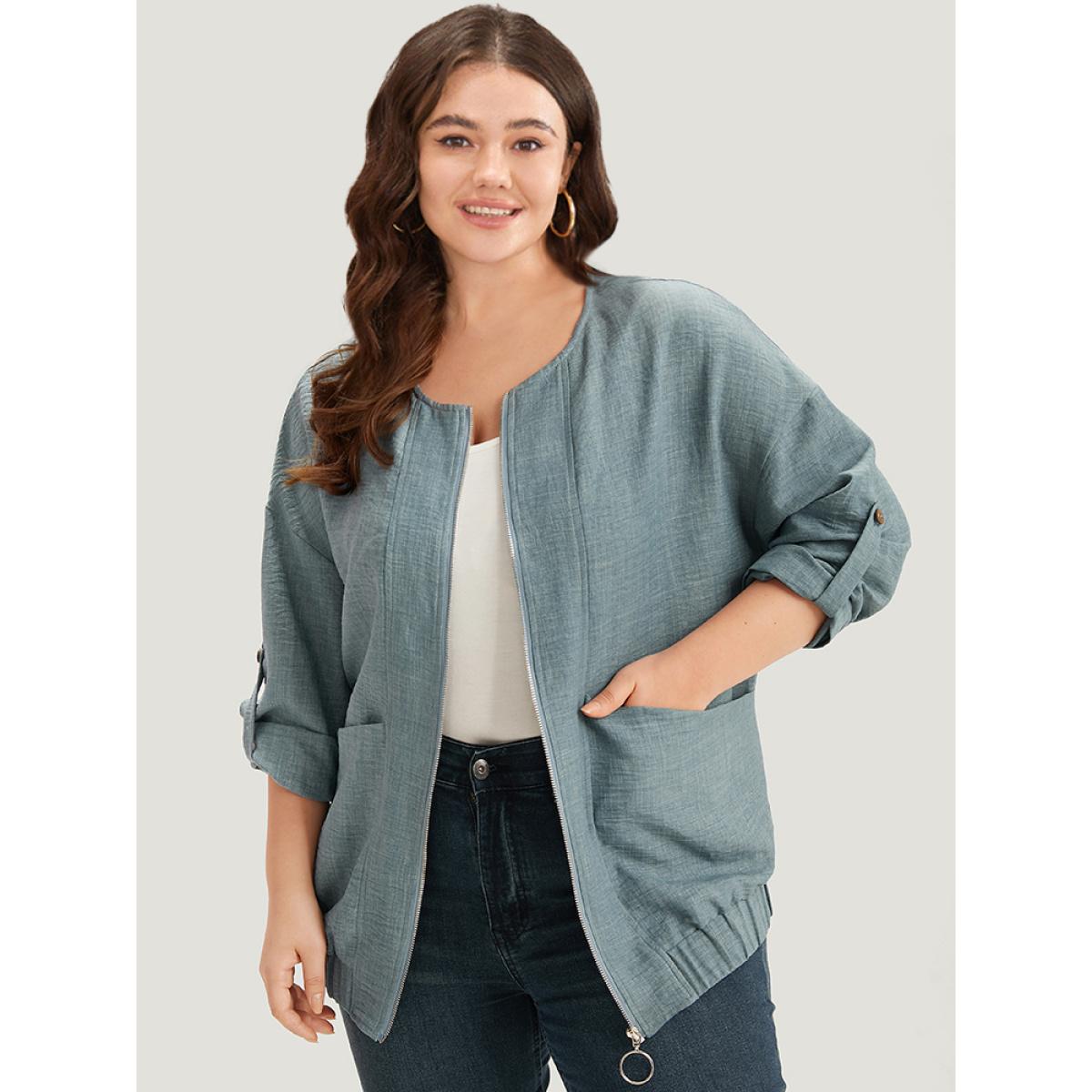 Plus Size Plain Pocket Zipper Tab Sleeve Jacket Women Aegean Zipper Pocket Dailywear Jackets BloomChic 30/6X Product Image