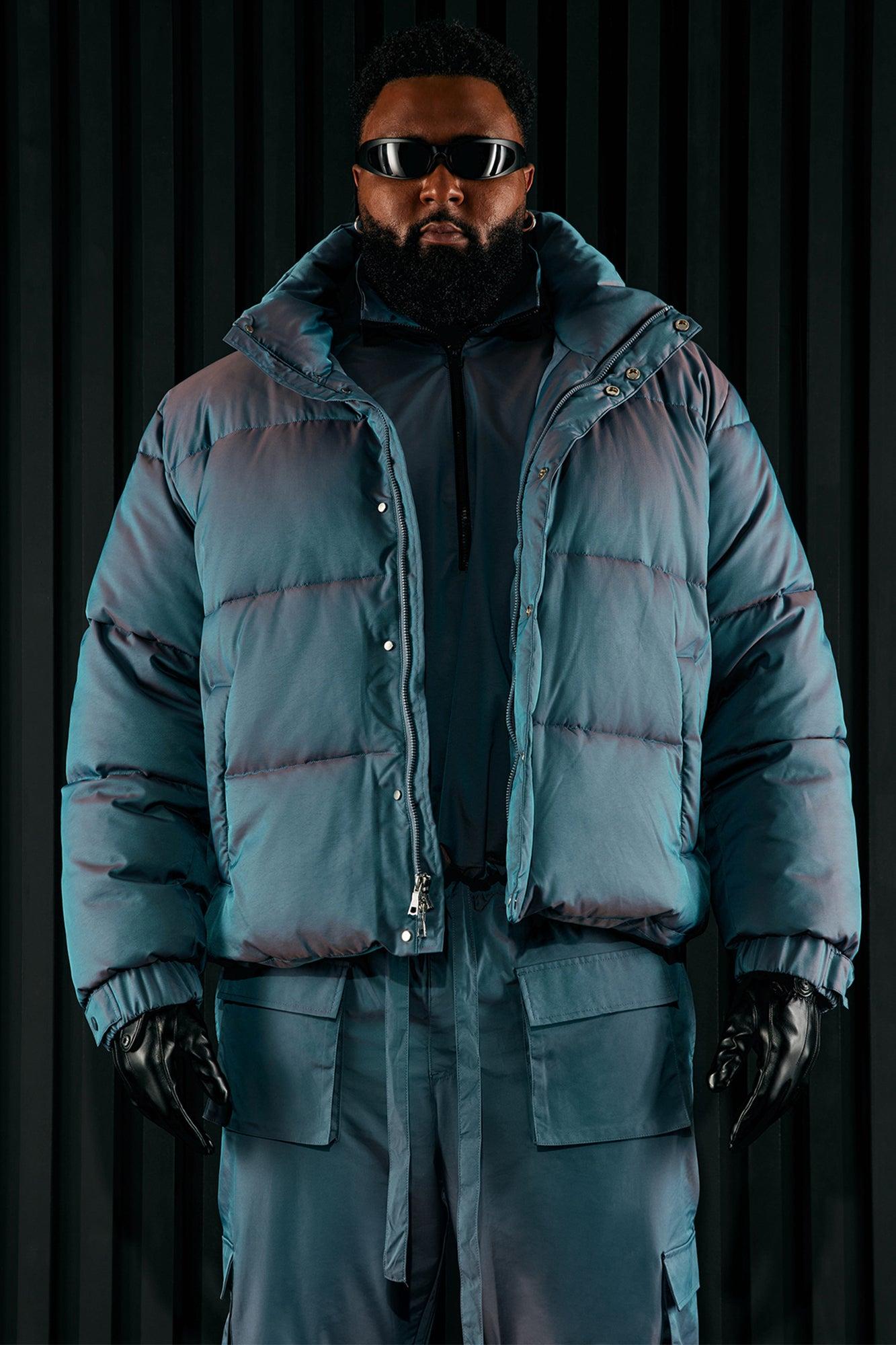 Stormy Iridescent Nylon Cropped Puffer Jacket - Blue Product Image