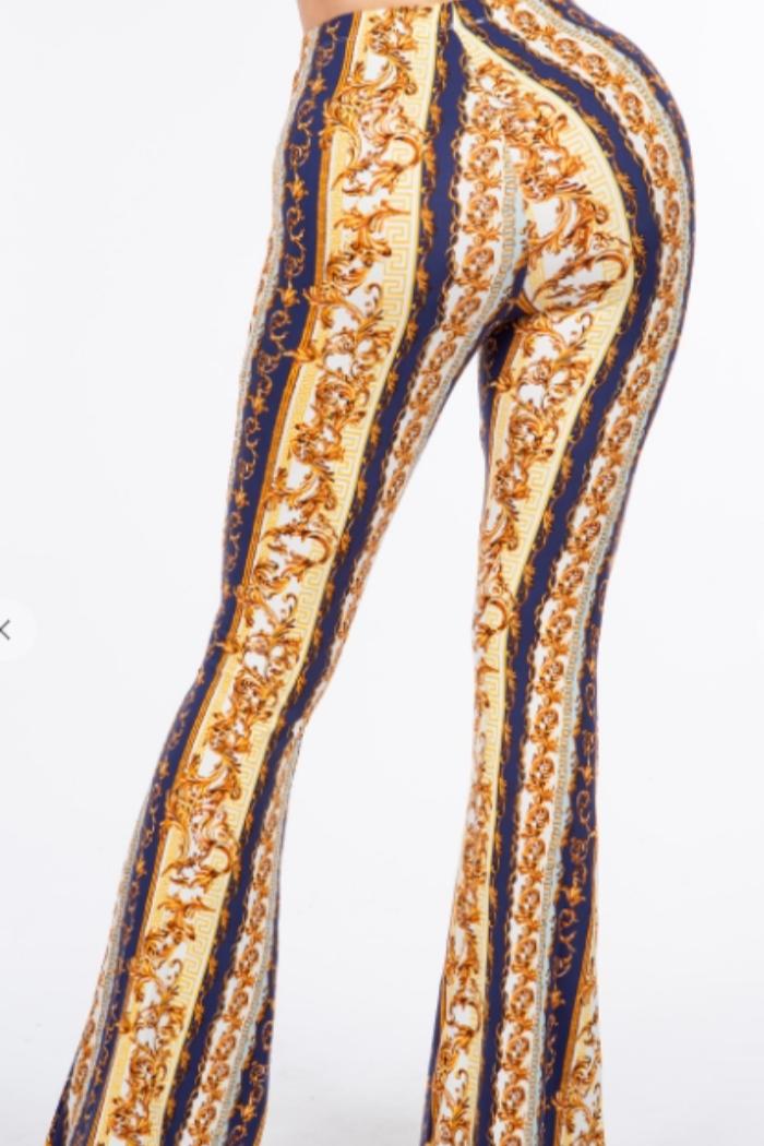 Baroque Chain  Printed Flared Long Pant in Navy Print Product Image