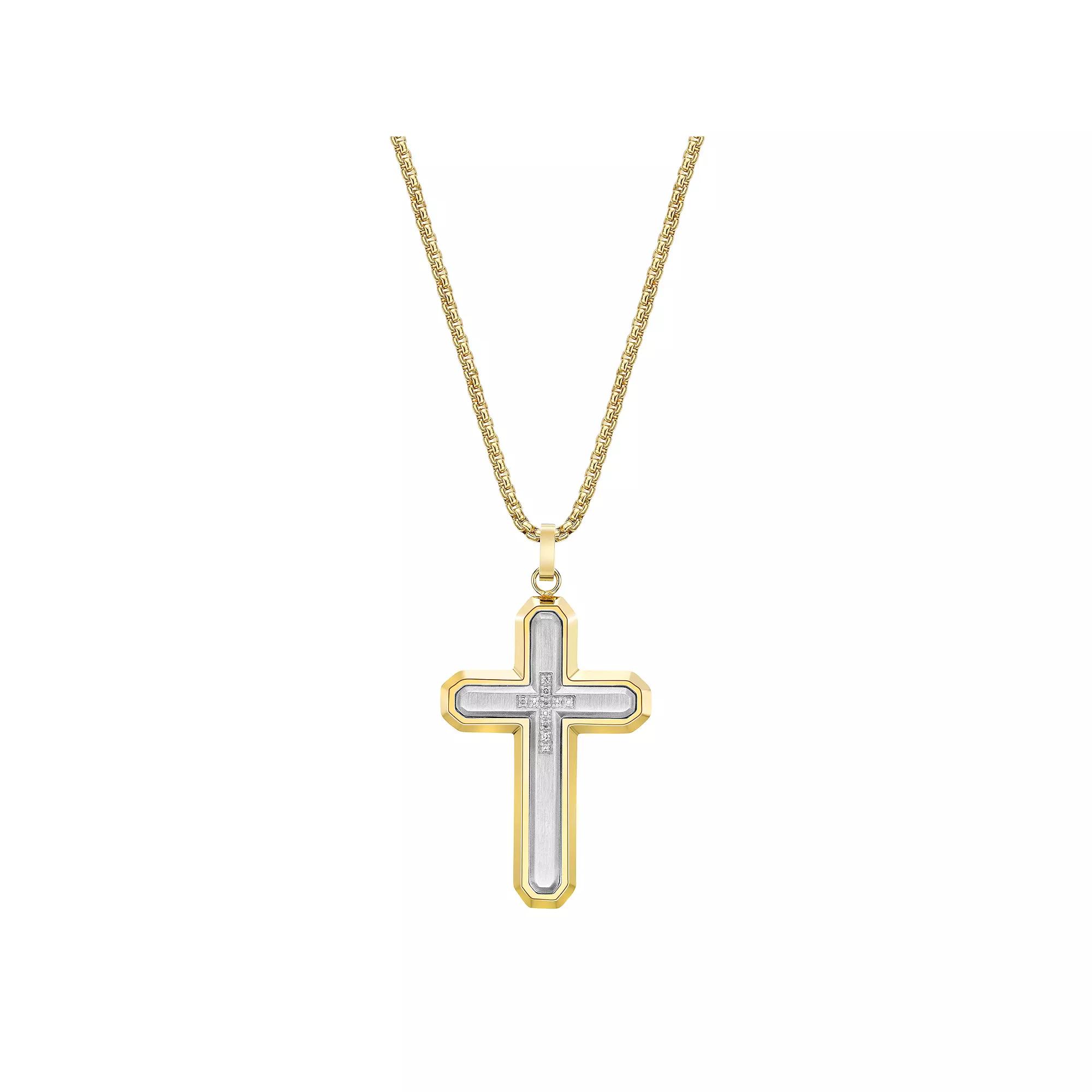 LYNX Men's Two Tone Stainless Steel Diamond Accent Cross Pendant Necklace, Size: 24" Product Image