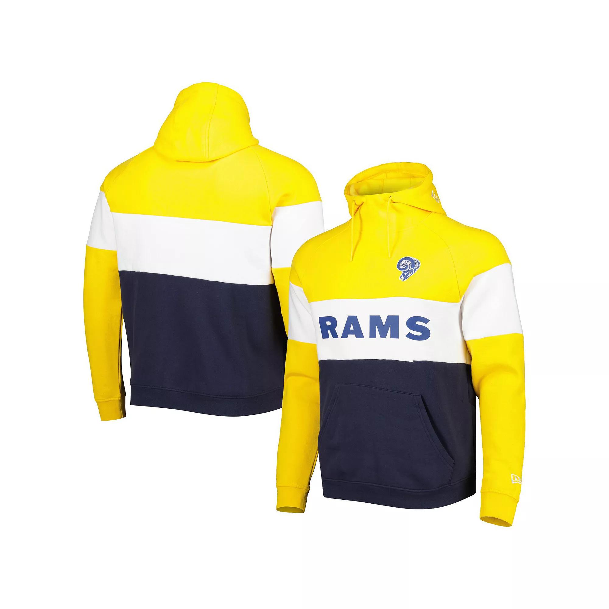 Men's New Era Navy/Gold Los Angeles Rams Colorblock Throwback Pullover Hoodie,  Product Image