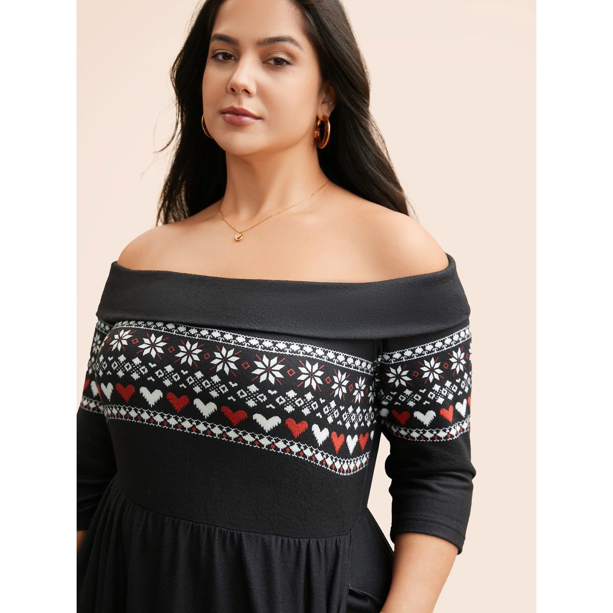 Plus Size Geometric Off Shoulder Neck Midi Dress Black Women Elegant Non One-shoulder neck Elbow-length sleeve Curvy BloomChic 10/M Product Image
