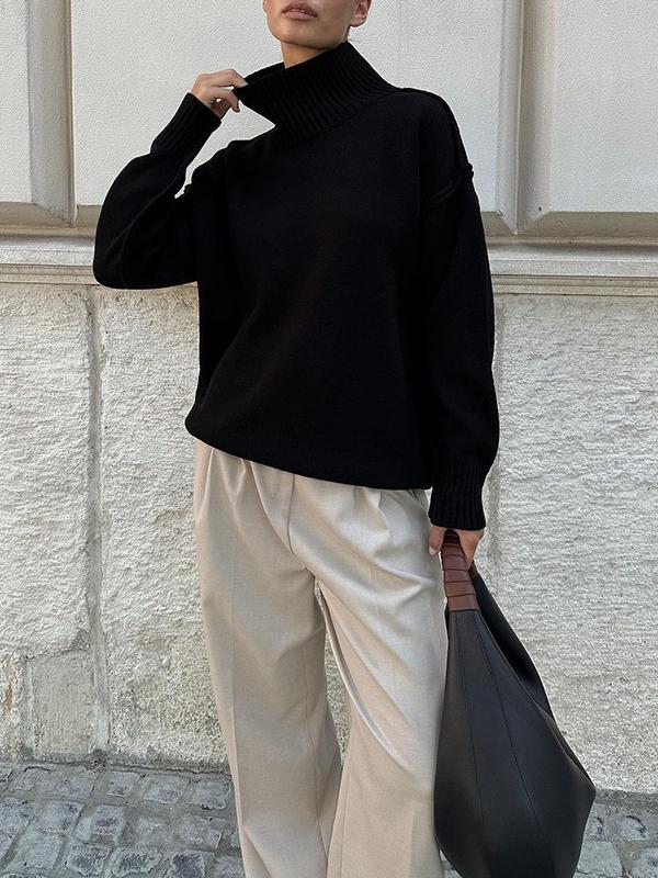 Long Sleeves Loose Solid Color Split-Joint High Neck Pullovers Sweater Tops Product Image