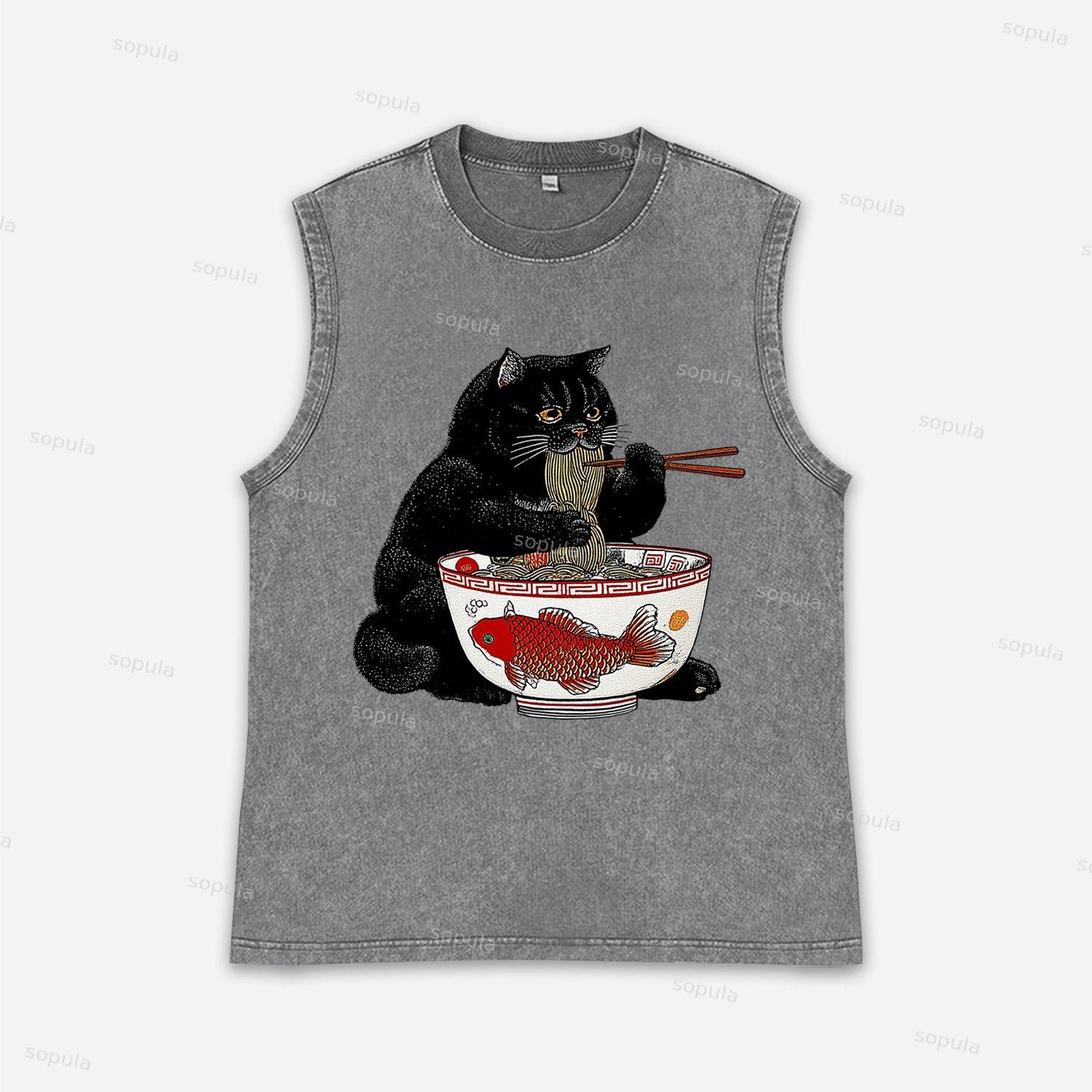 Fat Cat Eating Ramen Acid Washed Tank Top Product Image