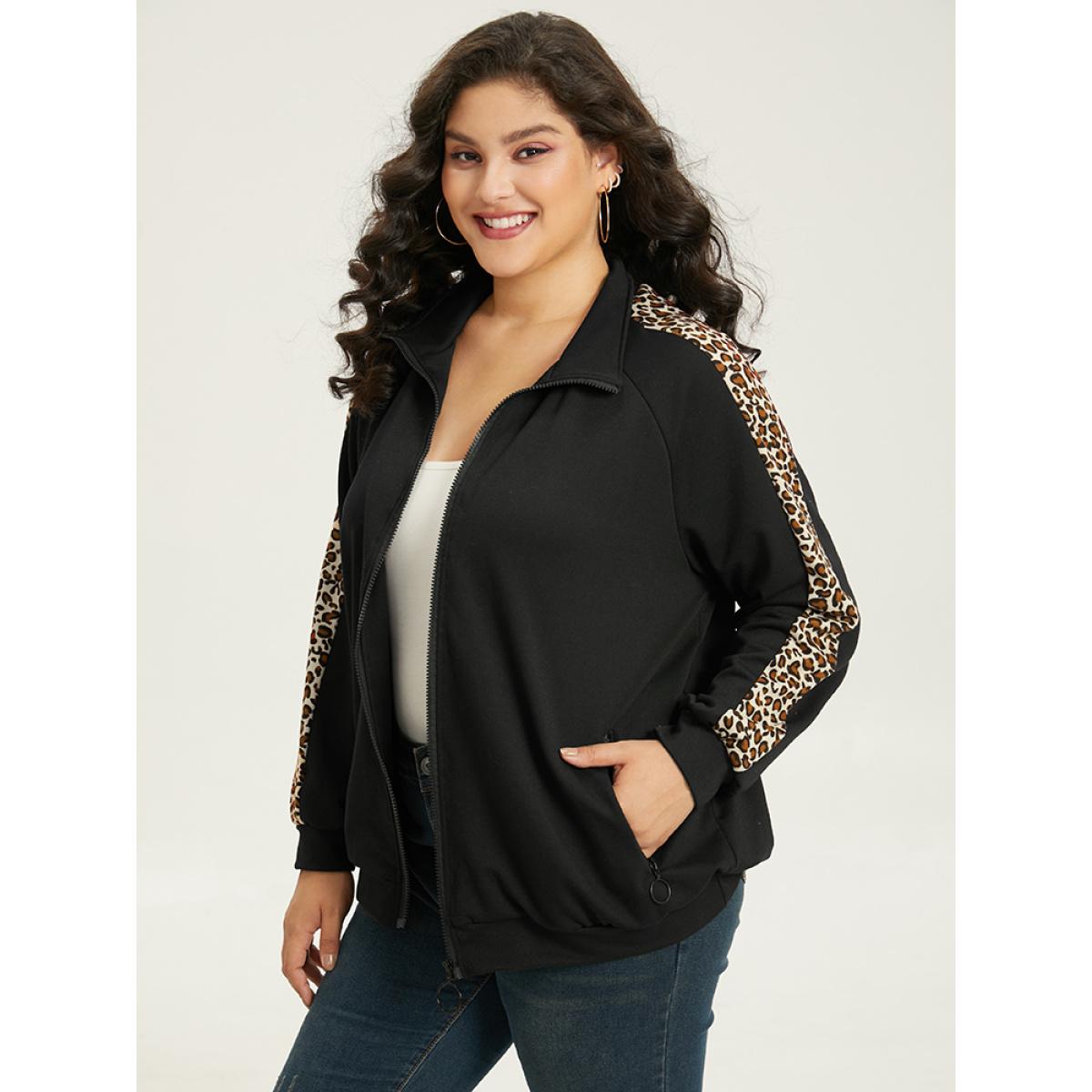 Plus Size Leopard Print Patchwork Zipper Pocket Jacket Women Black Elastic cuffs Pocket Dailywear Jackets BloomChic 22-24/3X Product Image