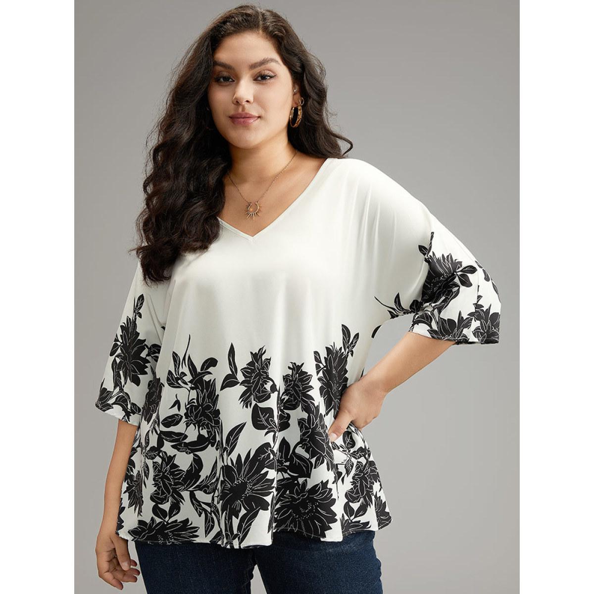 Plus Size White Boho Print V Neck Cut Out Blouse Women Elegant Elbow-length sleeve V-neck Dailywear Blouses BloomChic 22-24/3X Product Image