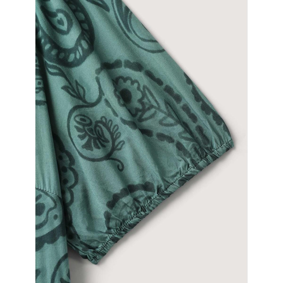 Plus Size Paisley Print Shirred Waist Midi Dress Teal Women Boho V-neck Short sleeve Curvy BloomChic 12/L Product Image