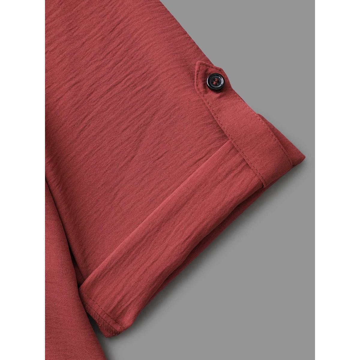 Plus Size Russet Notched Lace Panel Tab Sleeve Blouse Women Elegant Elbow-length sleeve Flat collar with V-notch Everyday Blouses BloomChic 28/5X Product Image